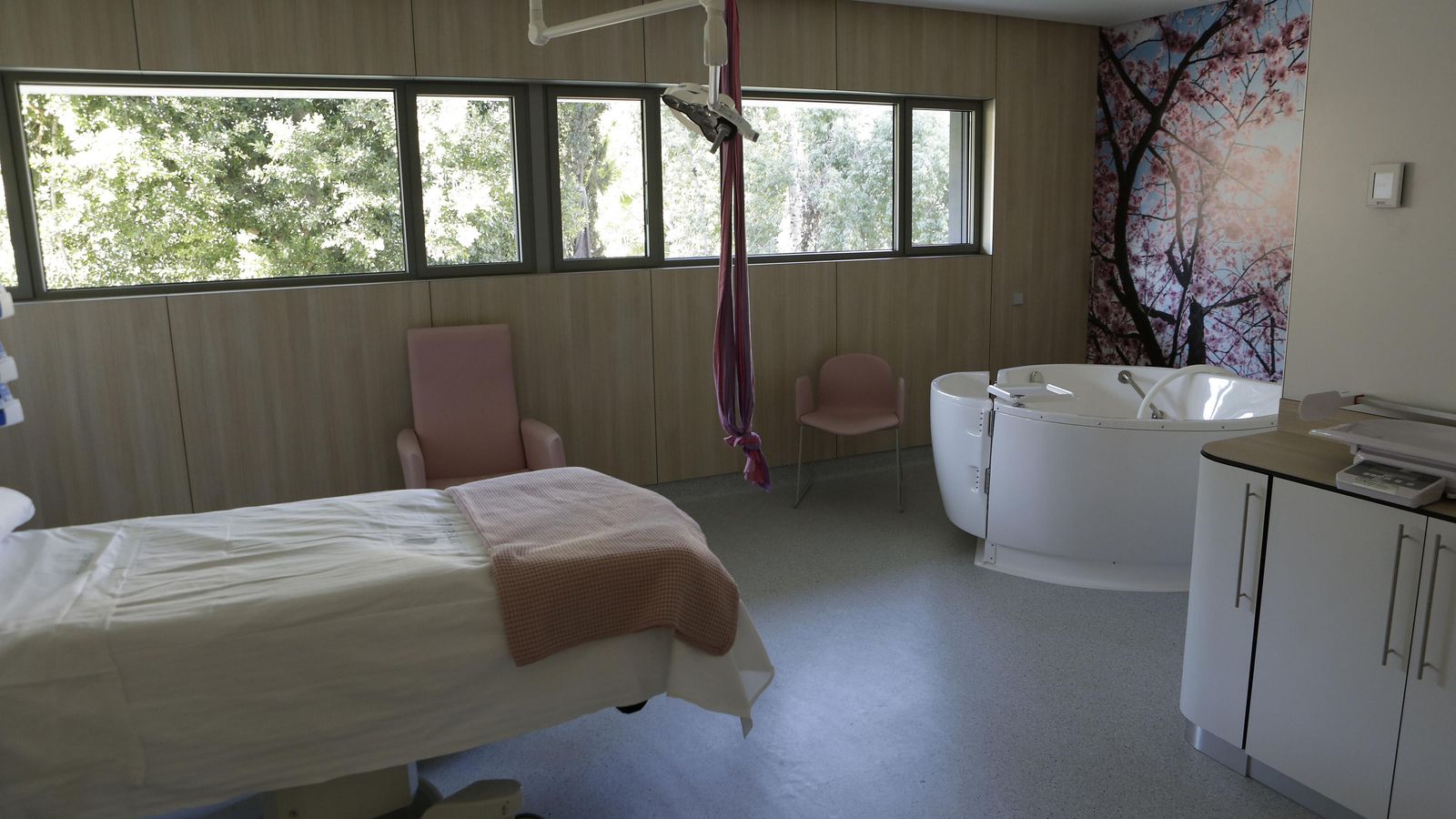 Los paritorio son todos exteriores con grandes ventanales dando a un entorno de vegetación y dotados con las últimas tendencias en el parto como la bañera para dilatación en agua o lianas y sillas para parto vertical.