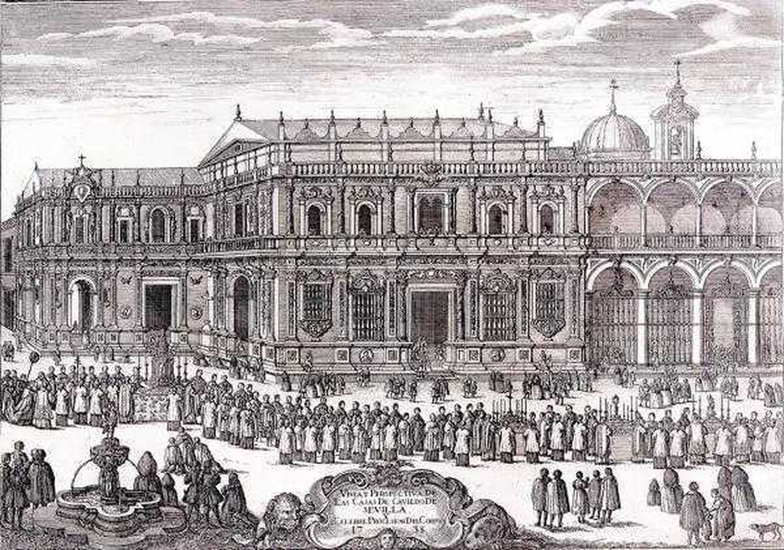 Grabado realizado por Pedro Tortolero en 1738 que muestra la Casa Consistorial desde la plaza de San Francisco. Al fondo se observa un remonte que pertenece al antiguo Convento de la Casa Grande de San Francisco, sito en la actual Plaza Nueva. Por el arco situado en la parte izquierda del grabado se accedía a un atrio del convento.