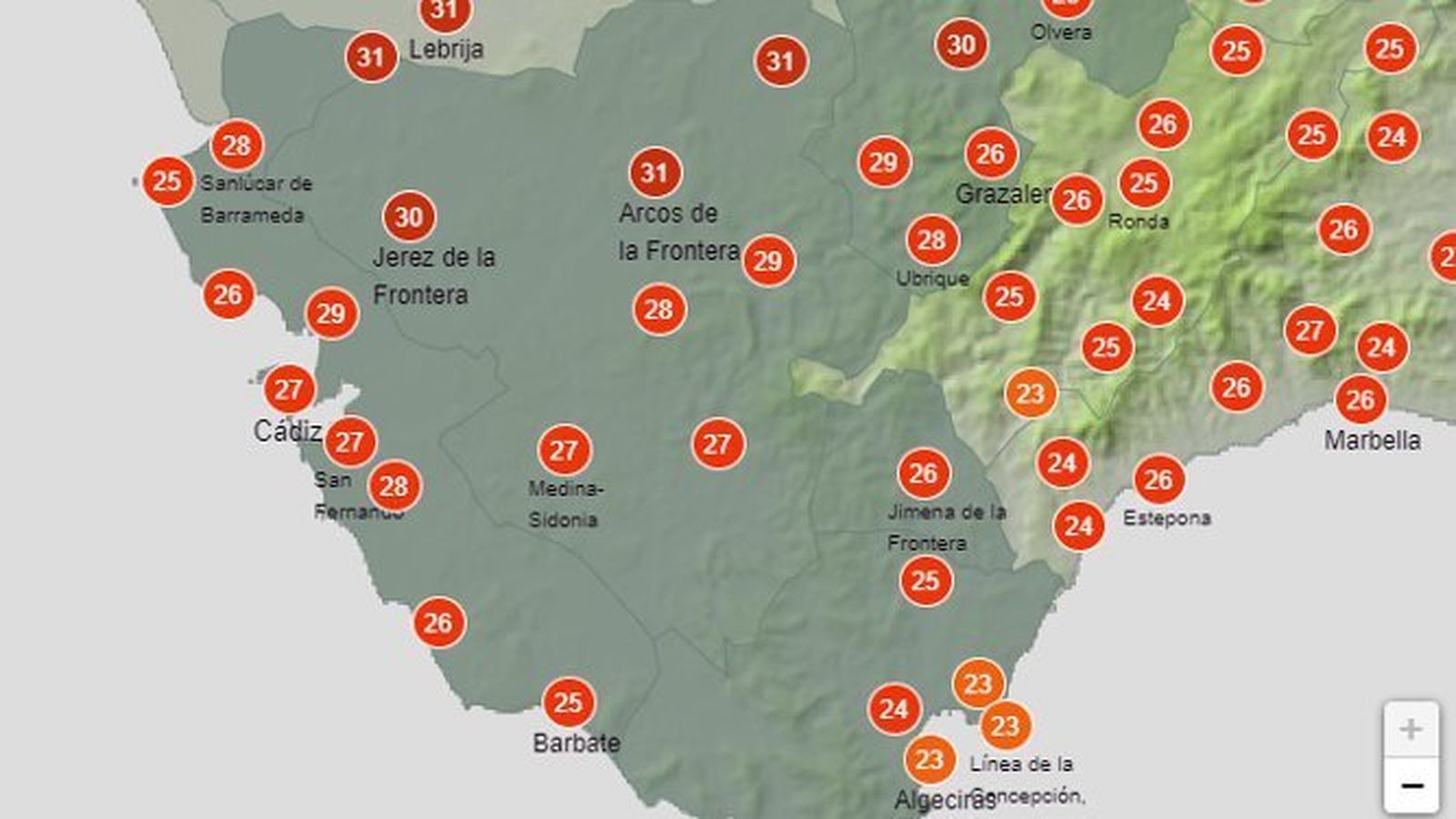 Máximas previstas para este jueves en Cádiz.