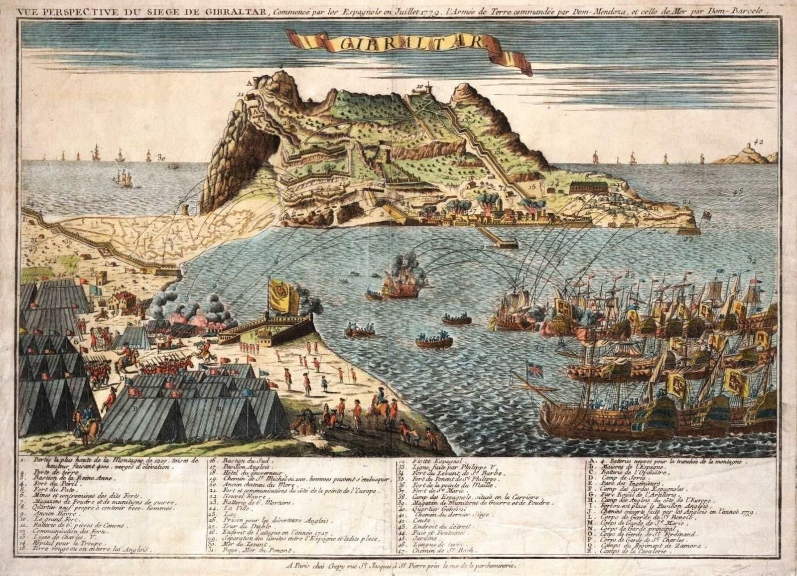 Grabado de época de una batalla naval sobre Gibraltar.