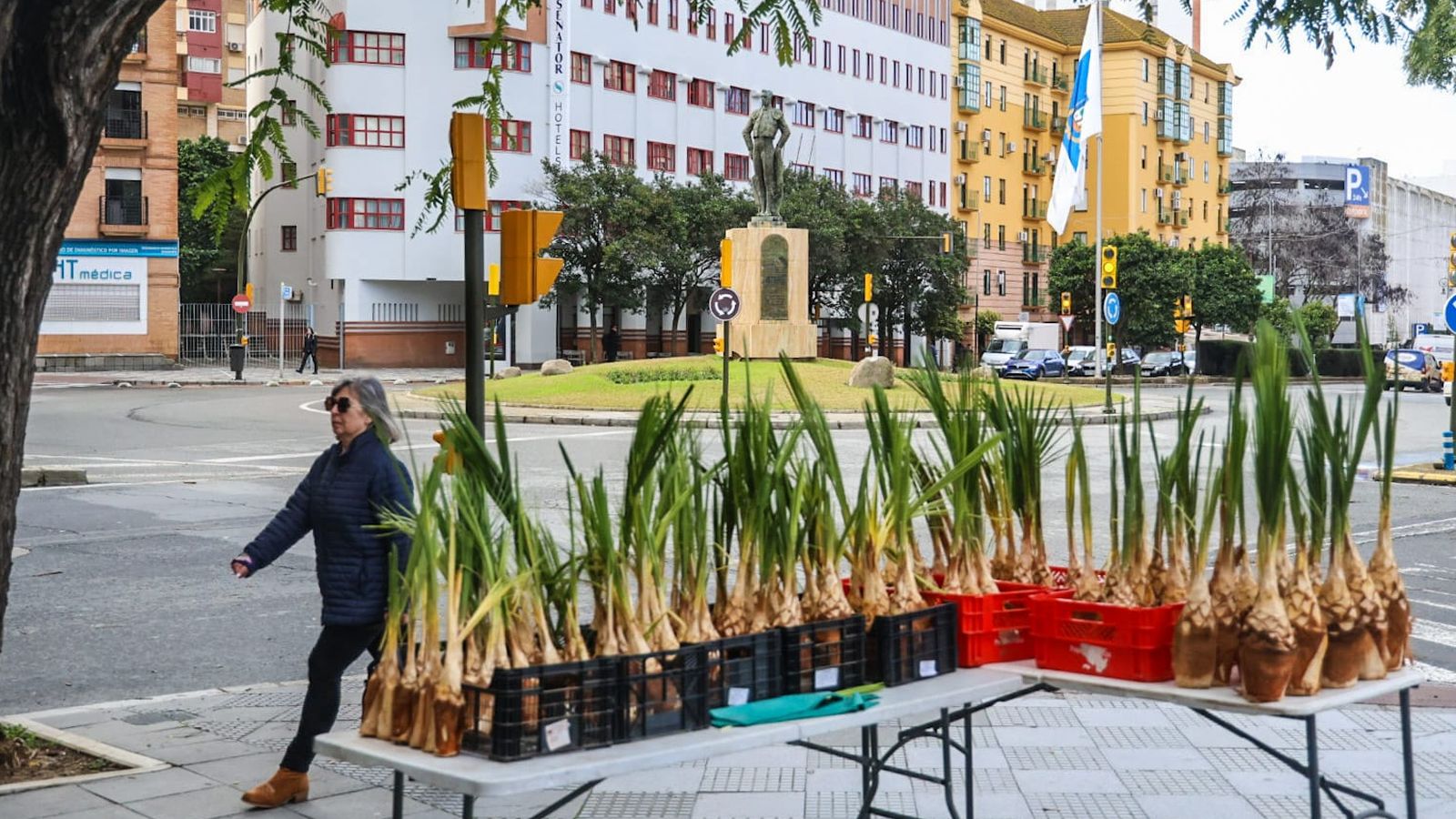 Puesto callejero de palmitos en la calle San Sebastián, este viernes, única estampa tradicional de unas fiestas patronales desapercibidas este año.