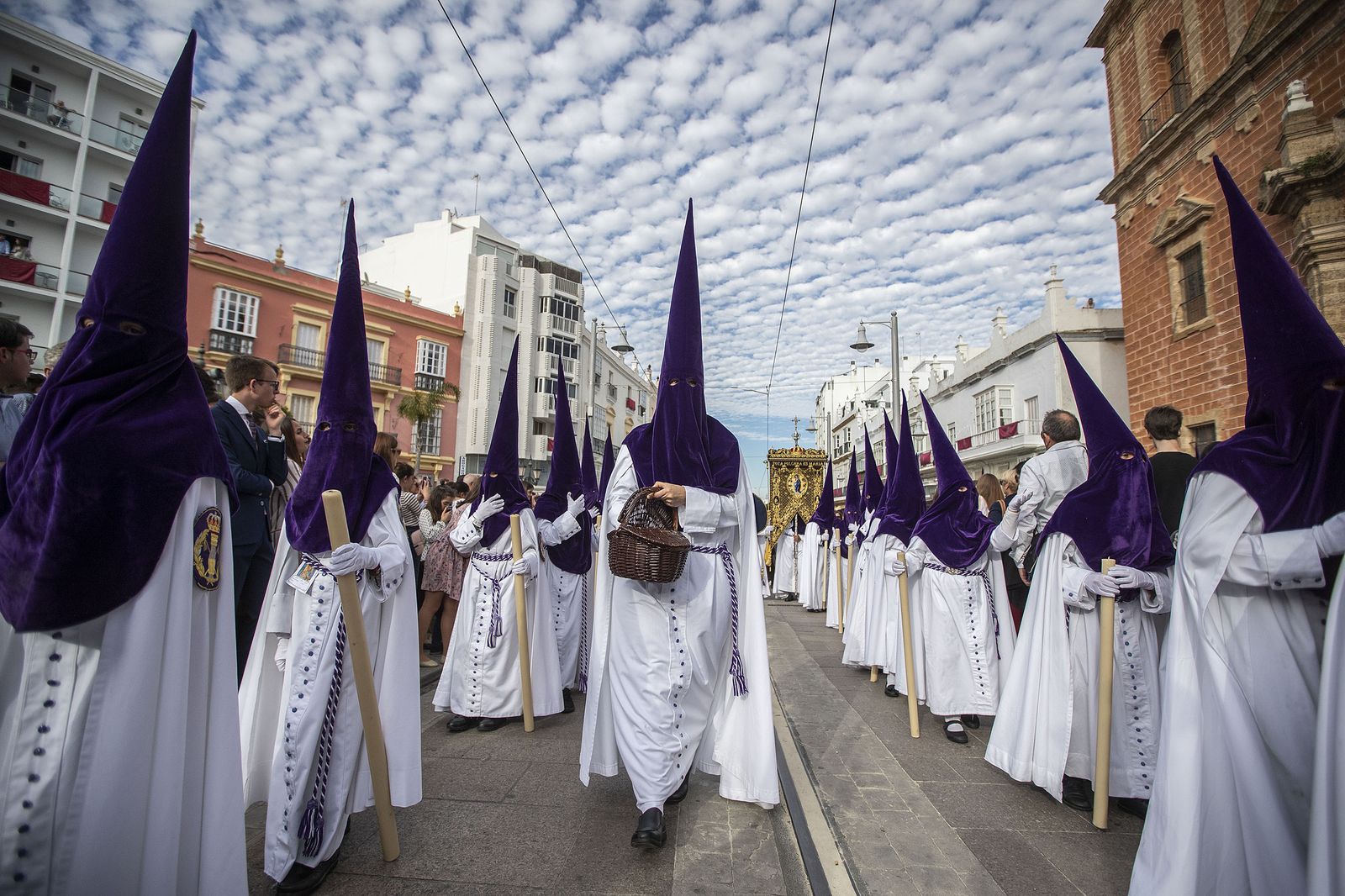 La hermandad de Columna de San Fernando, en el entorno de la Iglesia Mayor en 2019.