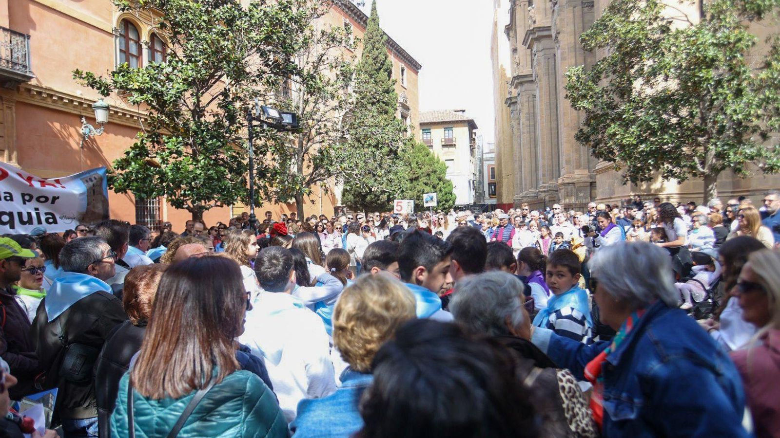 Manifestación de vecinos de Alhama de Granada junto a la Catedral de la capital para exigir la reapertura de su iglesia