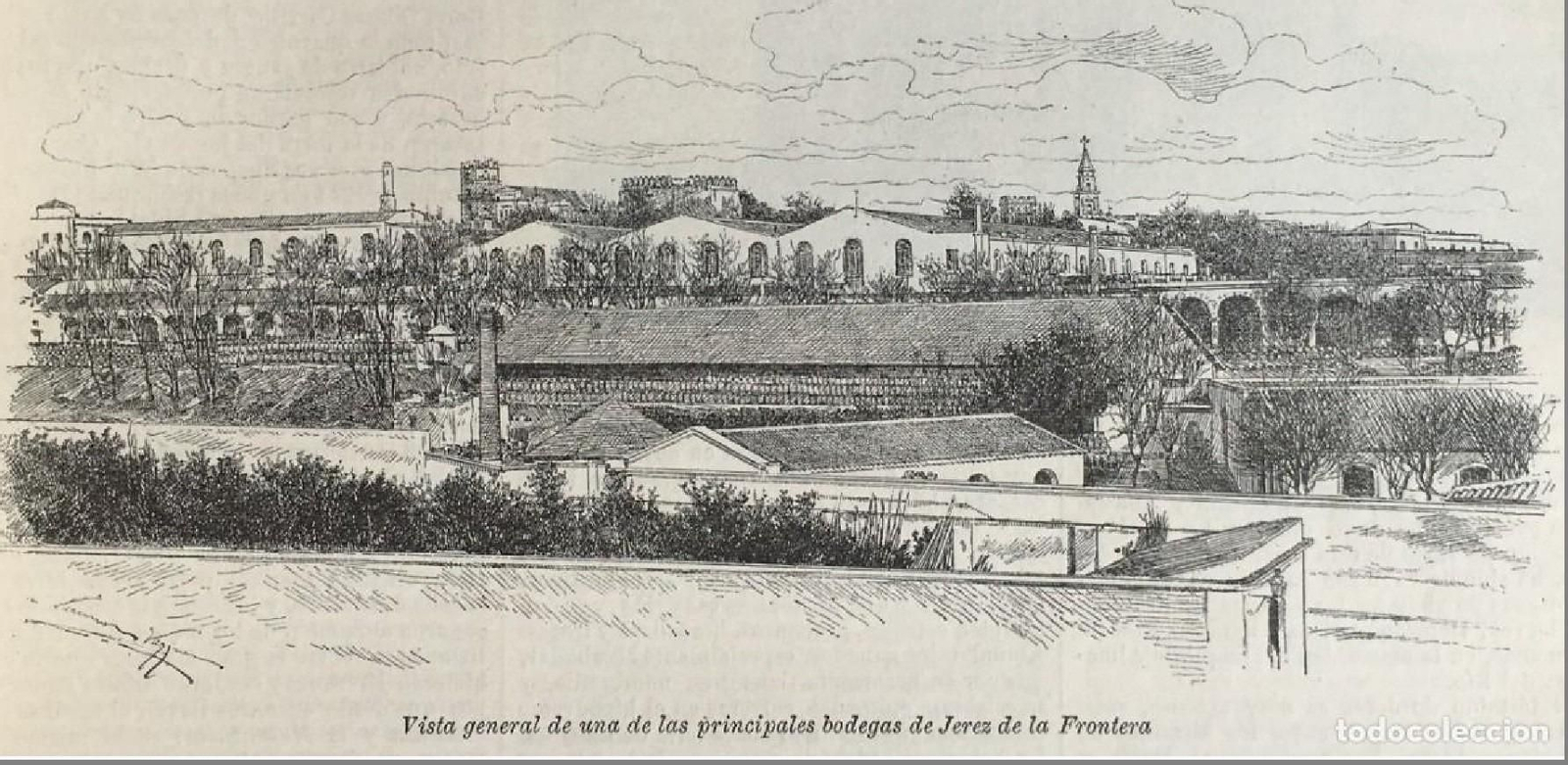 Panorámica de Jerez con las bodegas de González Bayss al fondo, segunda mitad del siglo XIX. Panorámica de Jerez con las bodegas de González Bayss al fondo, segunda mitad del siglo XIX.