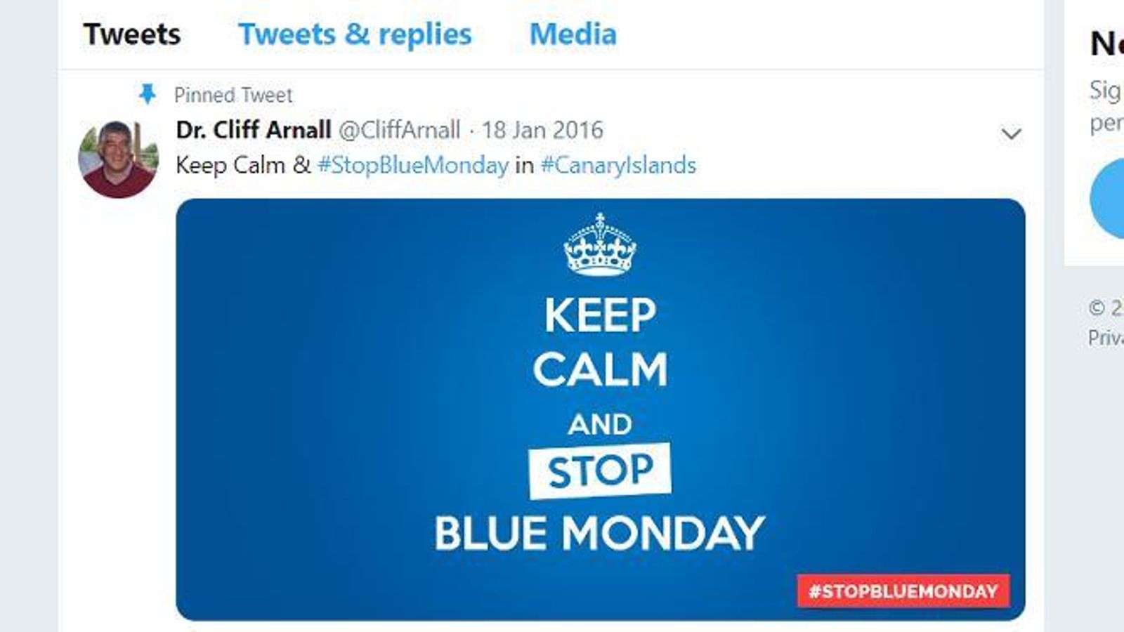 Uno de los tuits en contra del Blue Monday del profesor Cliff Arnall