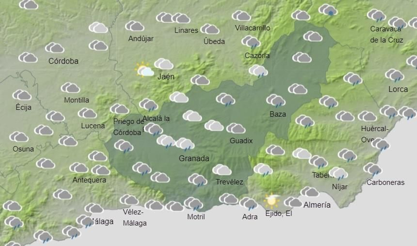 Mapa de previsión del tiempo para el lunes 4 de abril en la provincia de Granada