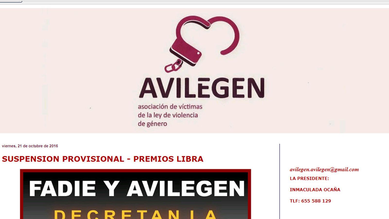 El blog de la asociación Avilegen en la que aparece como presidenta Imaculada Ocaña.