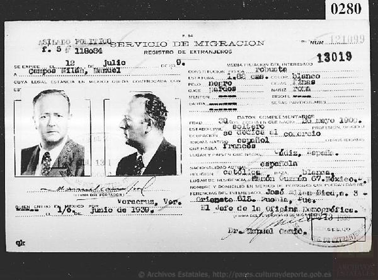 Carnet de exiliado expedido por el gobierno de México a Manuel Campos Milán en 1939
