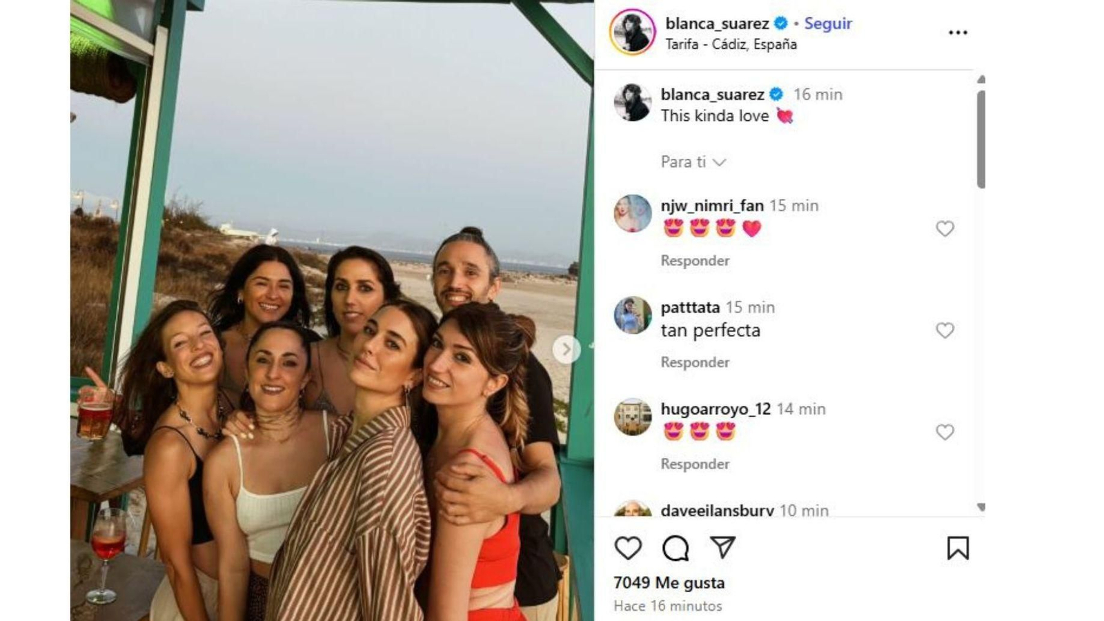 Publicación de Blanca Suárez en su Instagram en un chiringuito de Tarifa.
