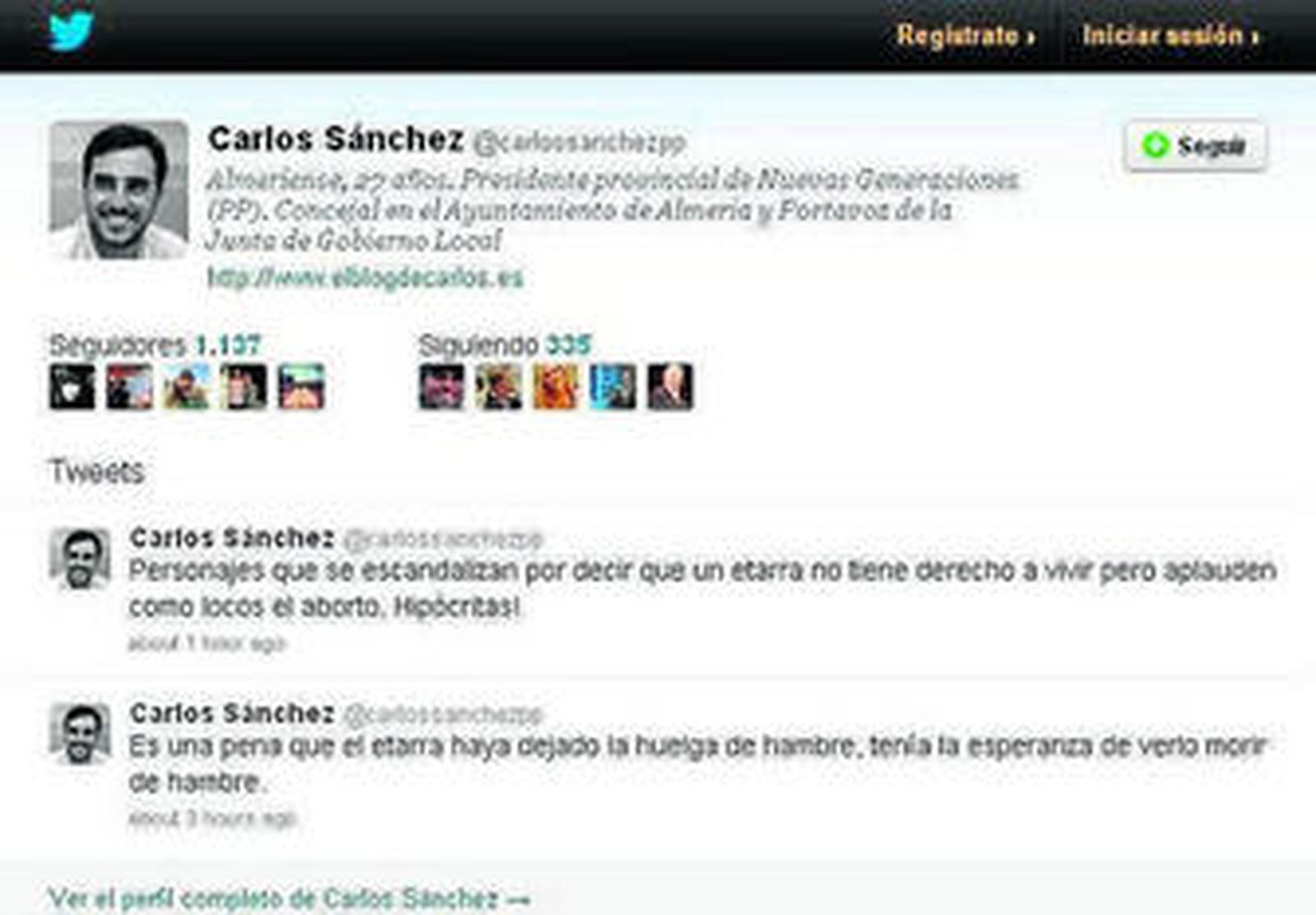 Imagen de las dos entradas de la cuenta de Twitter del concejal.