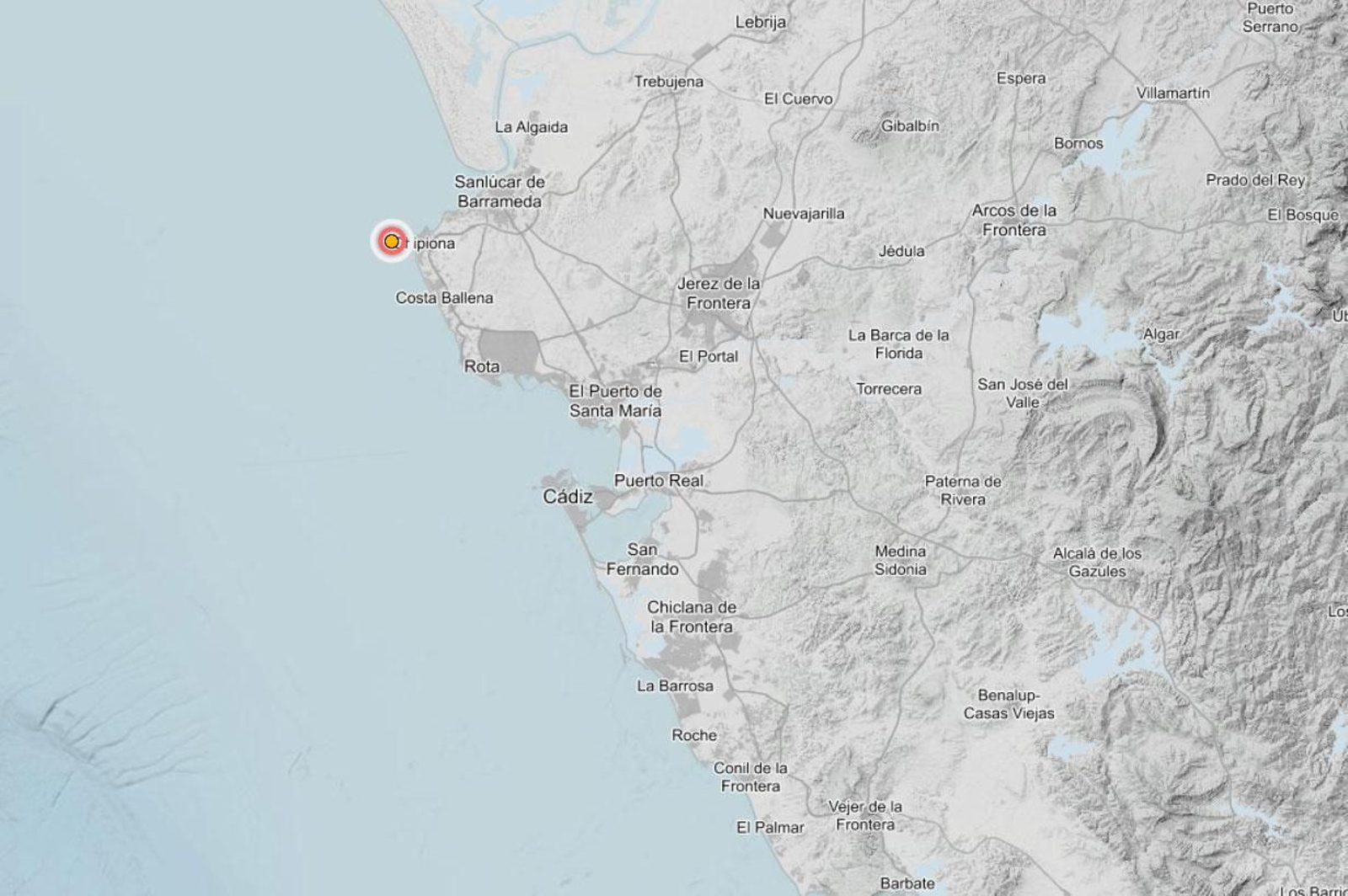 Punto en el que se ha registrado el terremoto en Chipiona este miércoles 26 de noviembre.