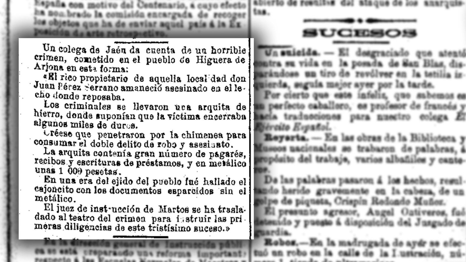 Noticia sobre la muerte violenta de Juan Pérez Serrano en El País del 29 de febrero de 1892.