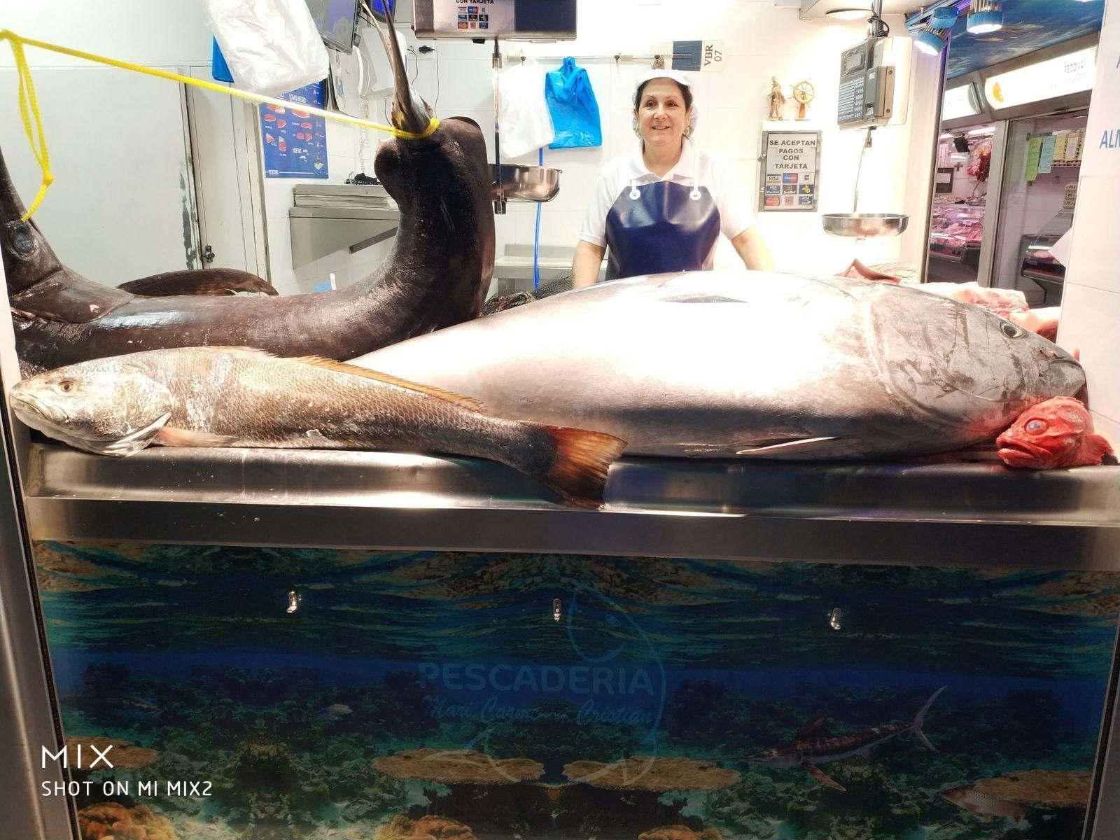 Atún en la pescaderia Mari Carmen y Cristian, en el mercado Virgen del Rosario de Cádiz.