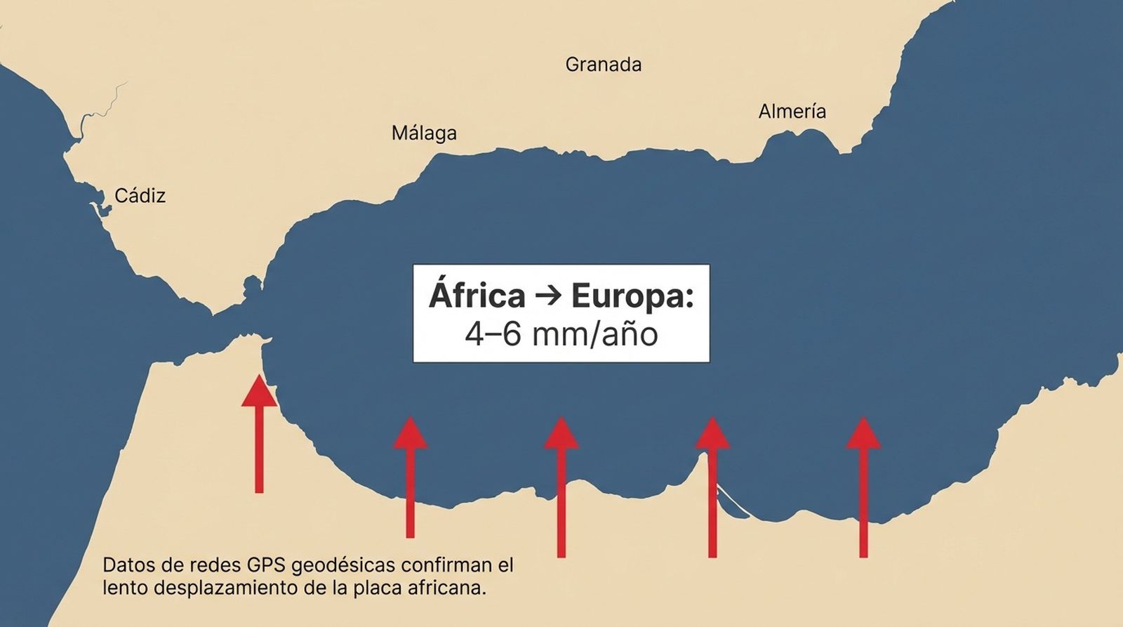 La placa africana avanza hacia la euroasiática bajo el mar de Alborán a un ritmo de 4 a 6 milímetros al año, un movimiento tectónico medido por redes GPS que explica la actividad sísmica del sur de España y el lento acercamiento entre África y Andalucía.