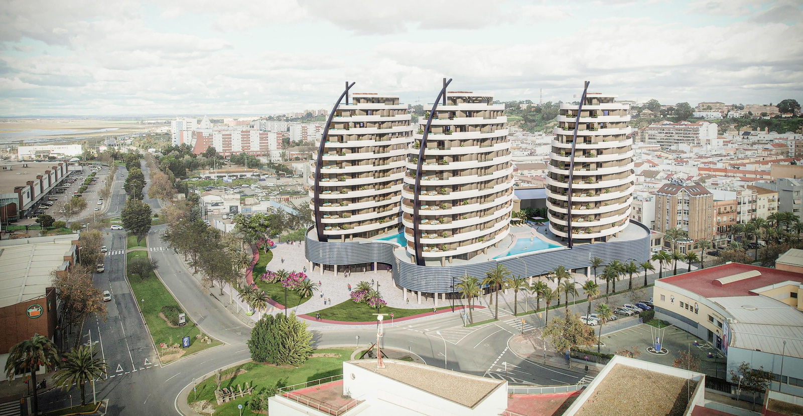 Recreación de las tres torres proyectadas en el extremo sur del Molino de la Vega para cambiar la fisonomía de la barriada.