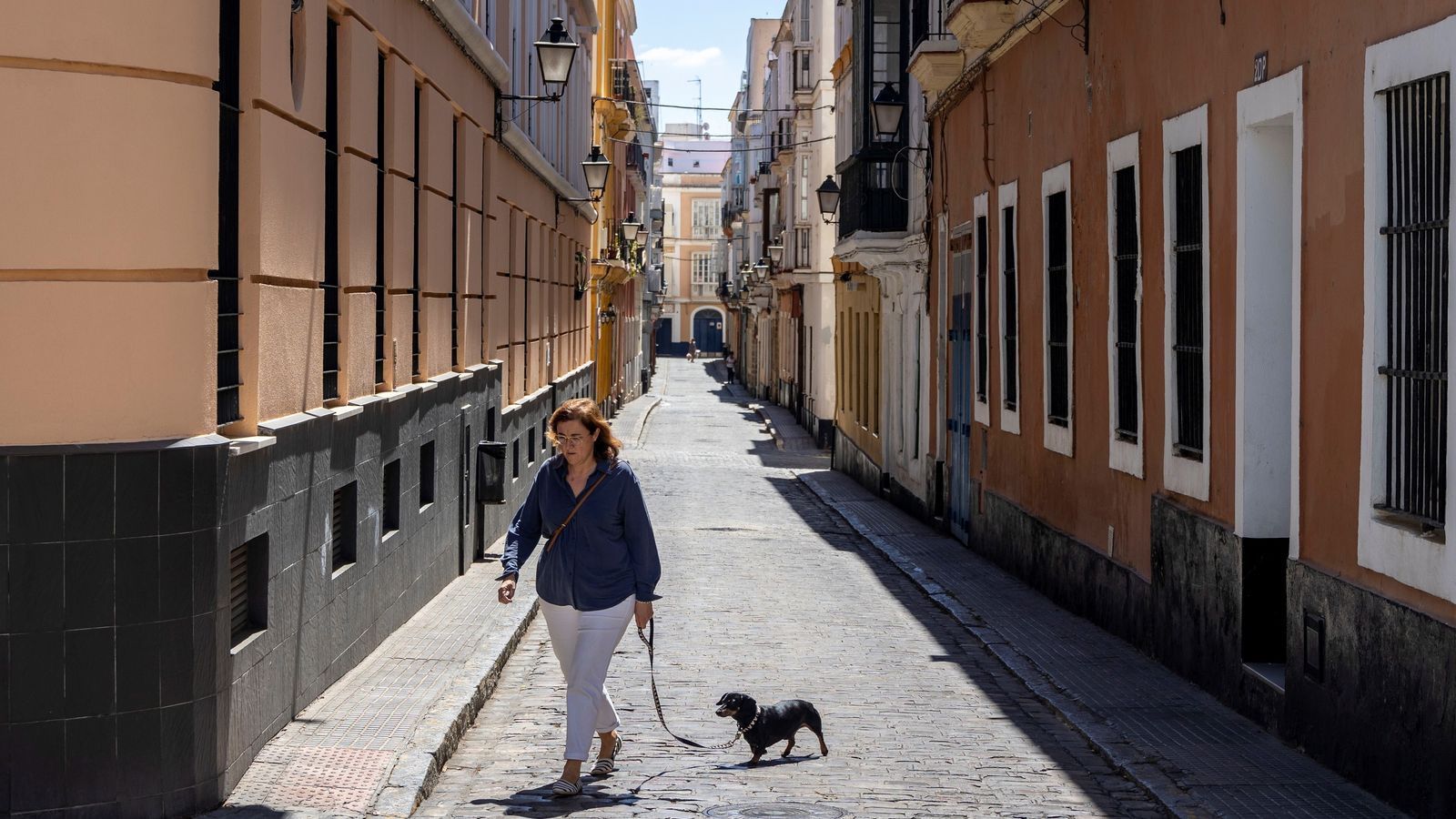 Una vecina pasea a su perro por el interior del barrio del Mentidero.