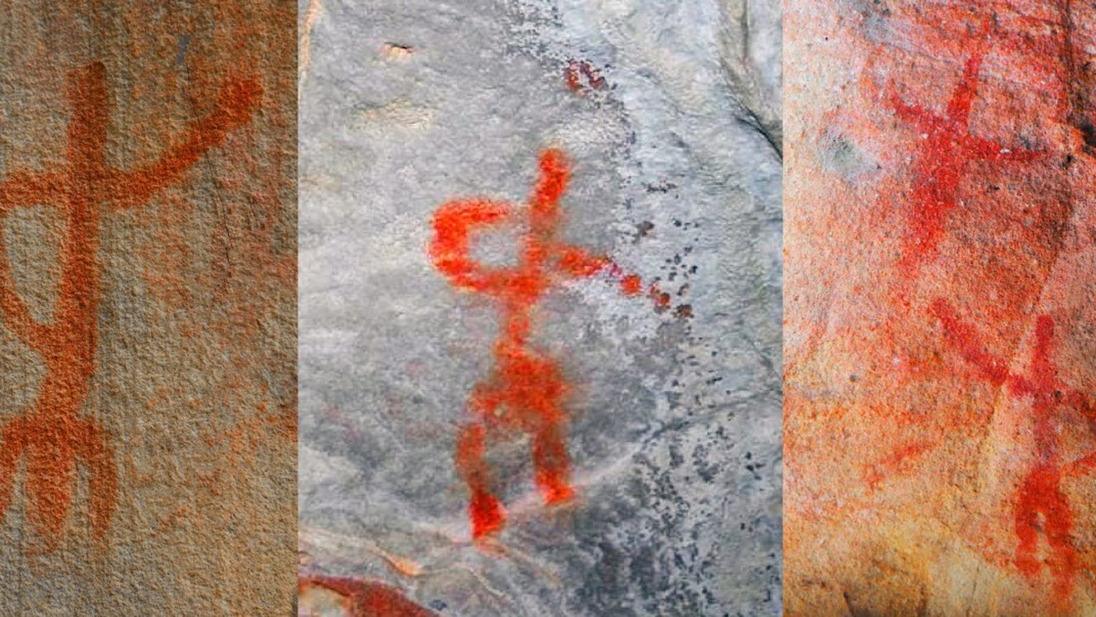 Antropomorfos de tendencia naturalista. A la izquierda, del Abrigo de los Guerreros. En el centro, de la cueva de Nerja. A la derecha, de la Hornacina del Guadiaro IV.