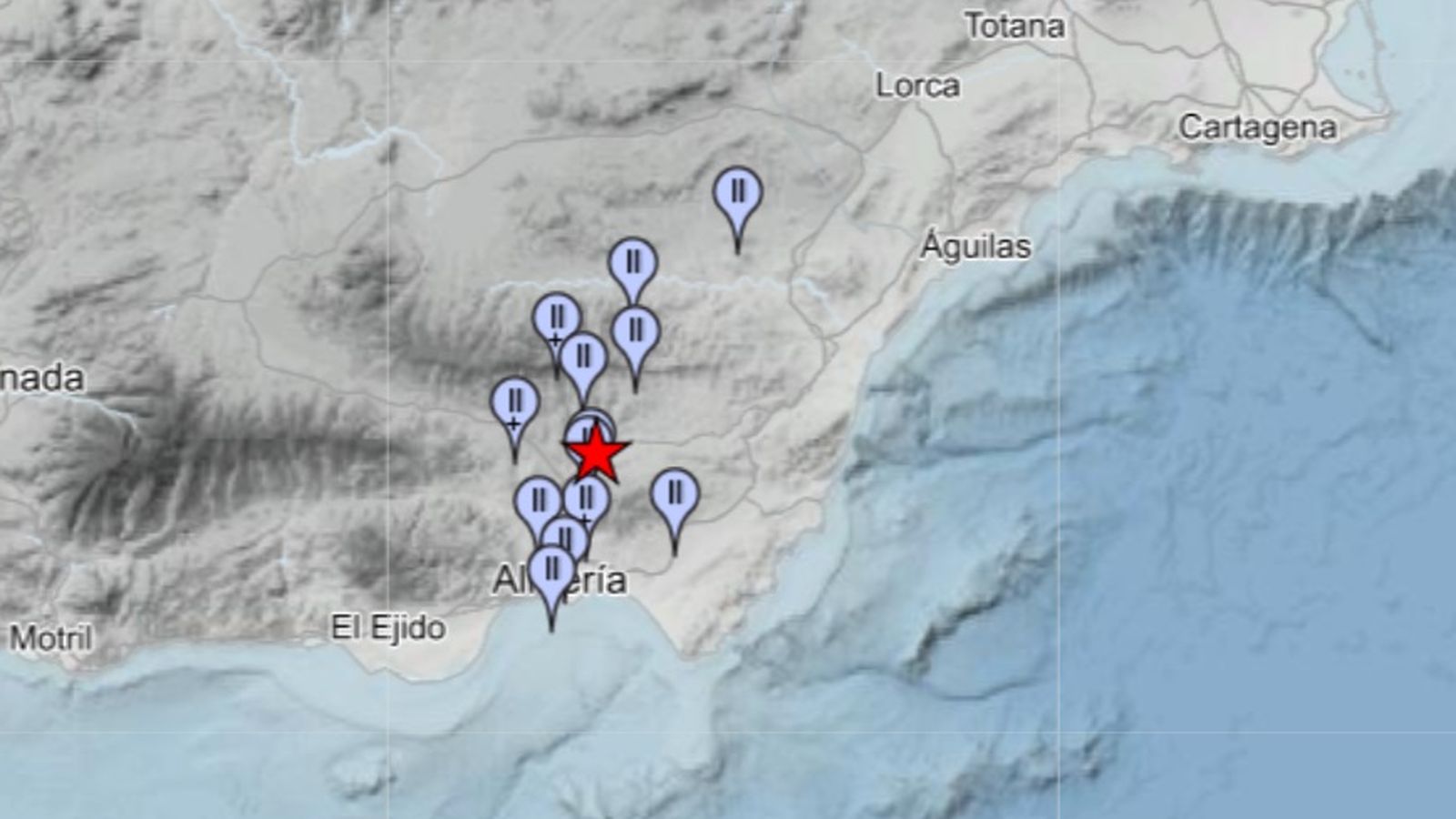 Lugares donde han reportado haber sentido el terremoto de Tabernas del 18 de febrero.