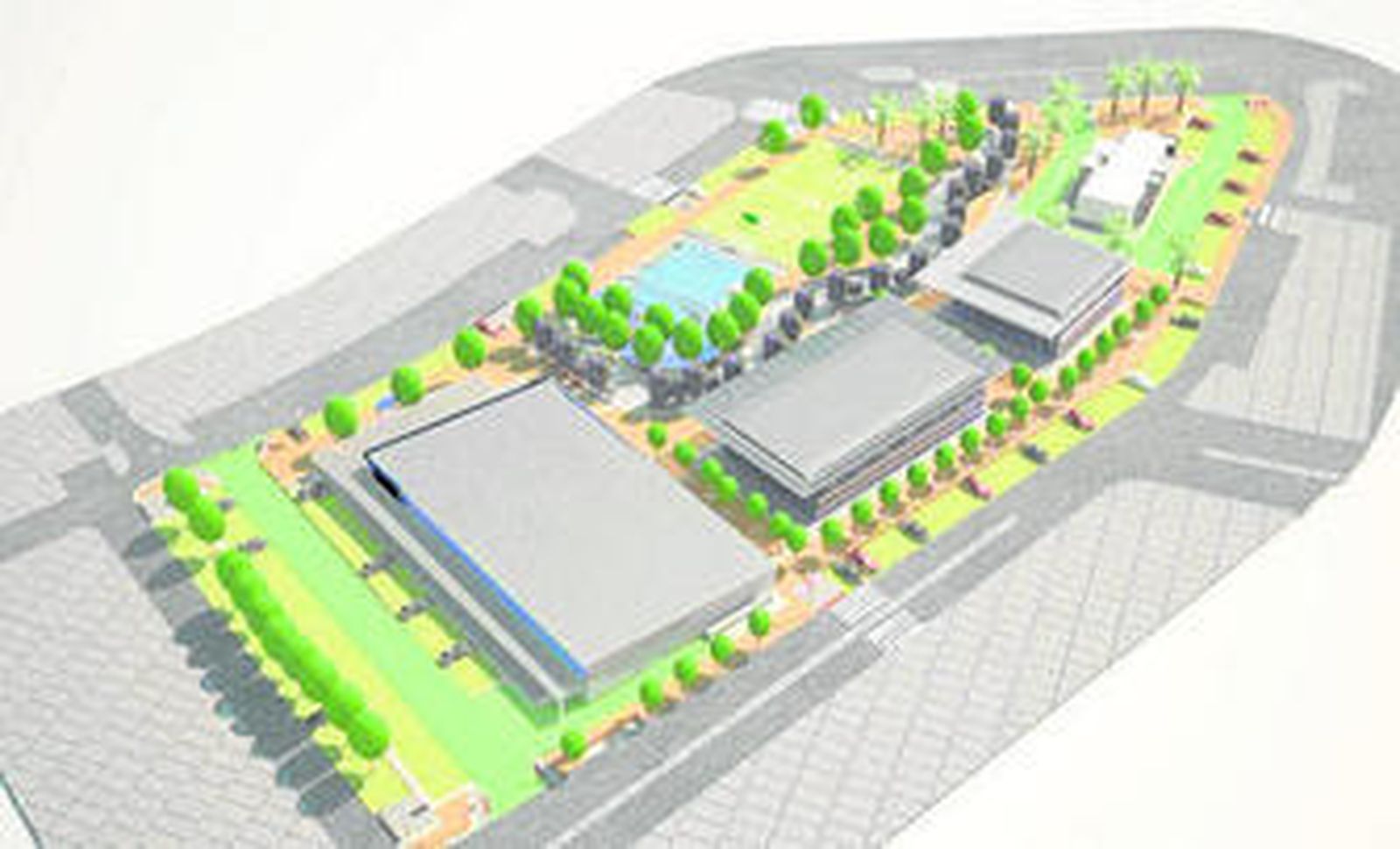 Vista aérea del proyecto del Centro de ocio Huerta Santa Ana, que se planea en la actual parcela del Teatro de verano.