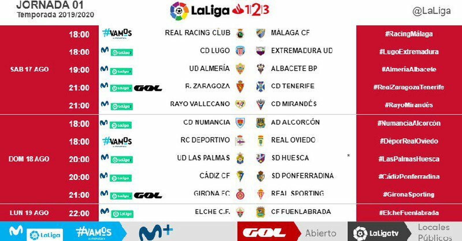 Horario de la jornada 1 de Segunda División 2019/20