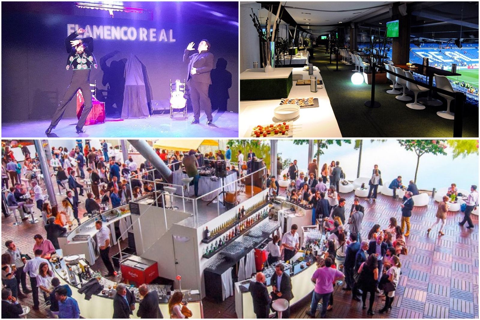 Zonas de Mutua Open Tenis, Flamenco Real y Tribuna del Bernabeu del Real Madrid Club de Fútbol.