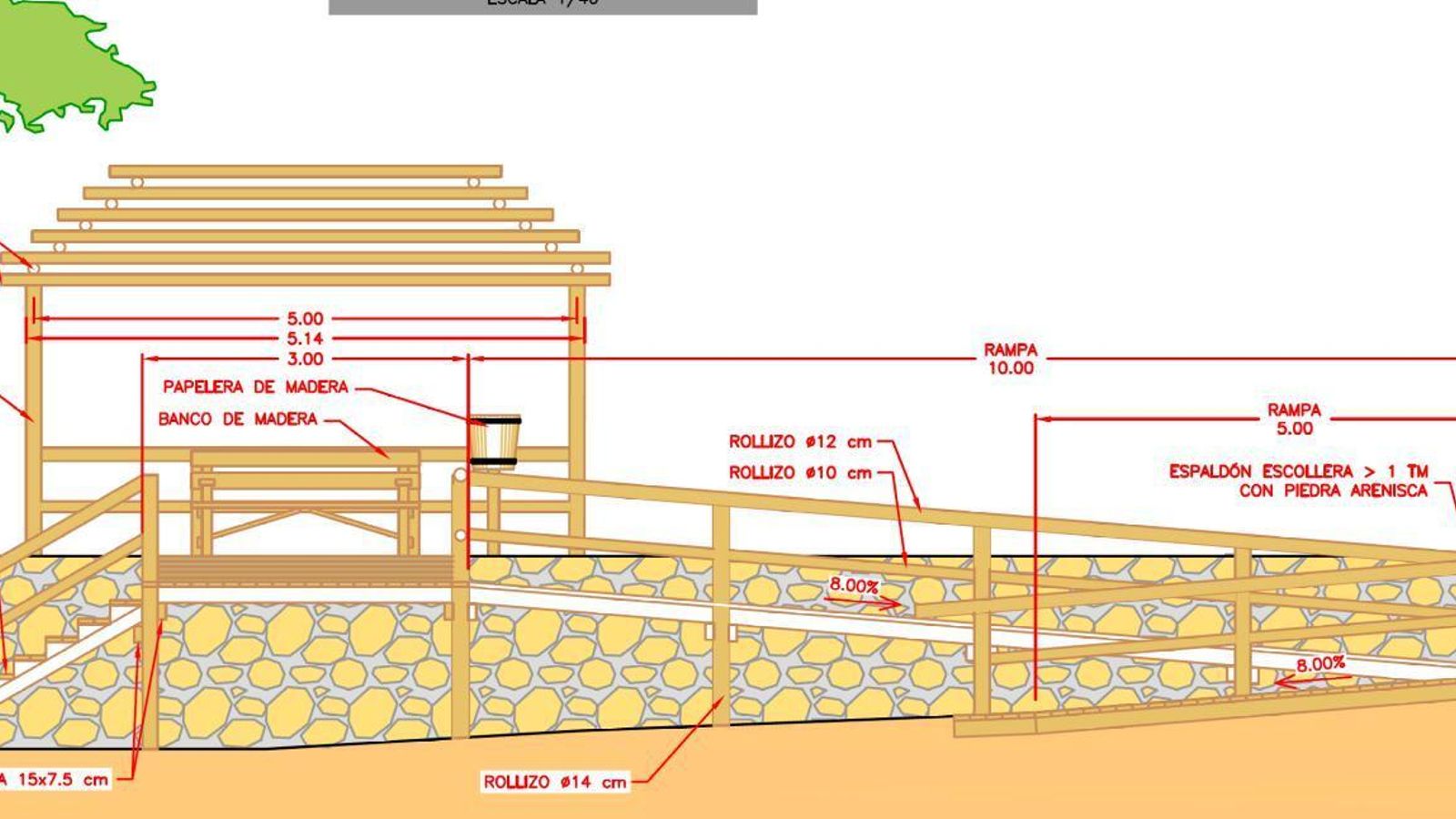 Detalle de acceso a playa (escalera y rampa accesible).
