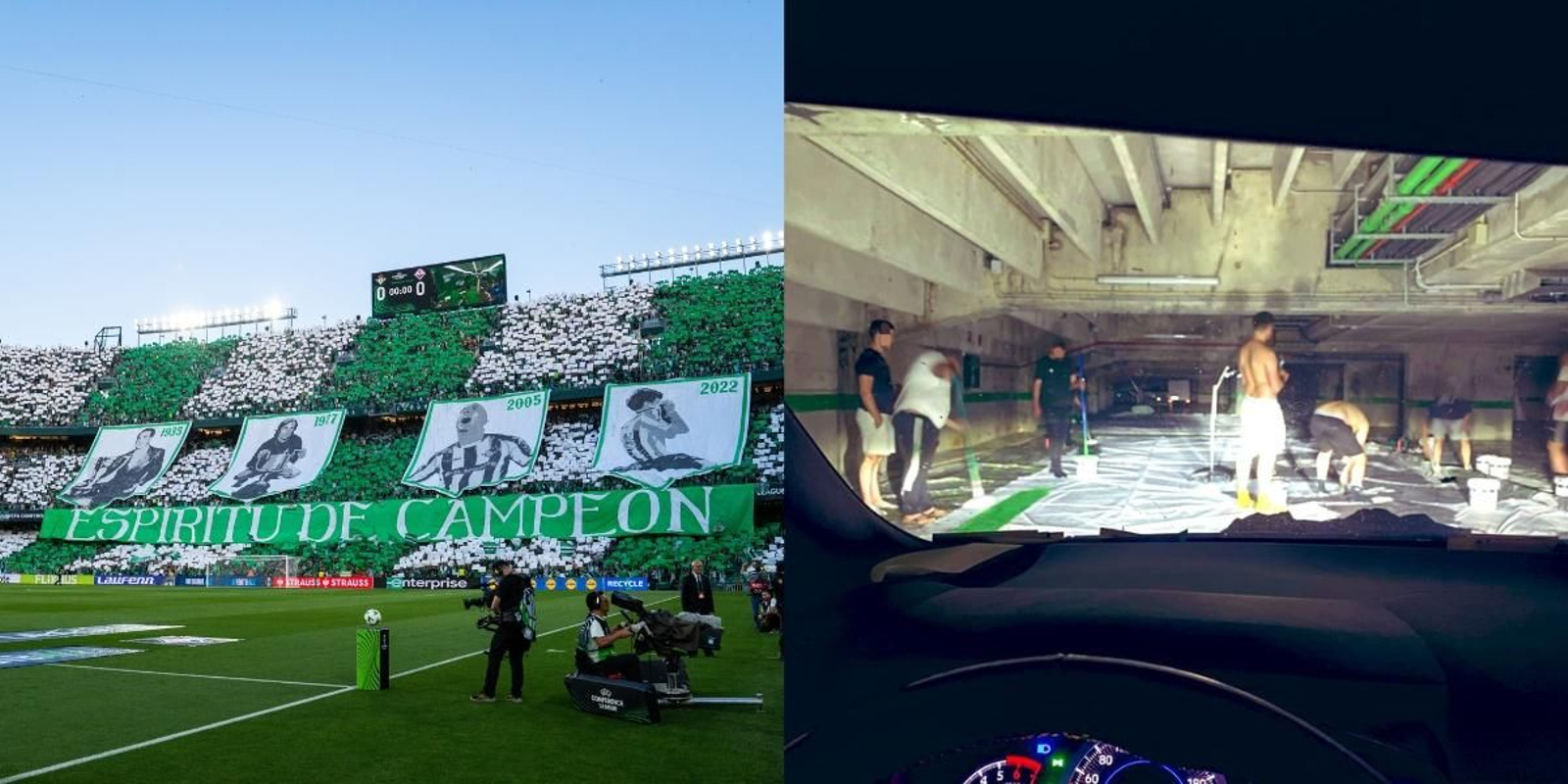 A la izquierda, el tifo final y a la derecha, el proceso de pintarlo