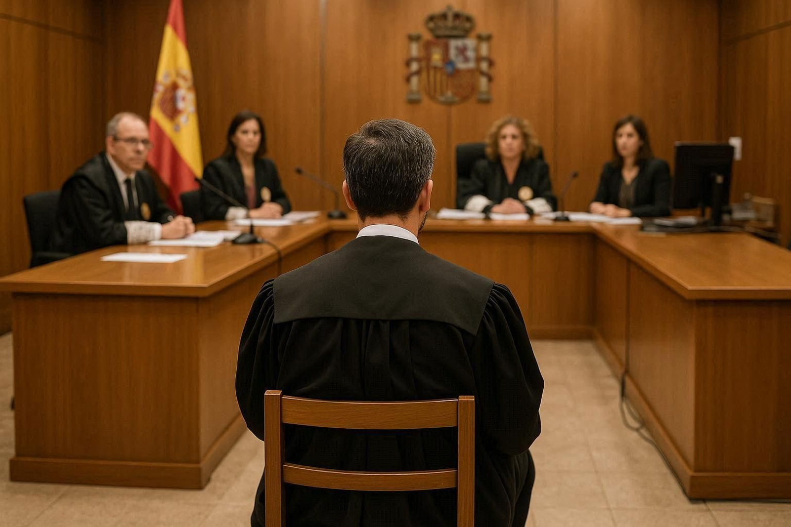 Una imagen creada por IA de un abogado sentado en el banquillo de los acusados.