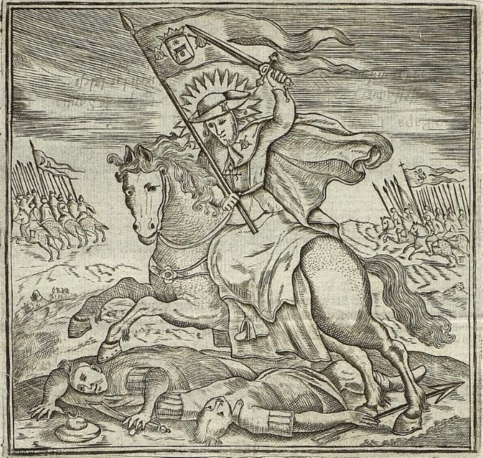 Grabado del apóstol Santiago luchando contra el imperio musulmán