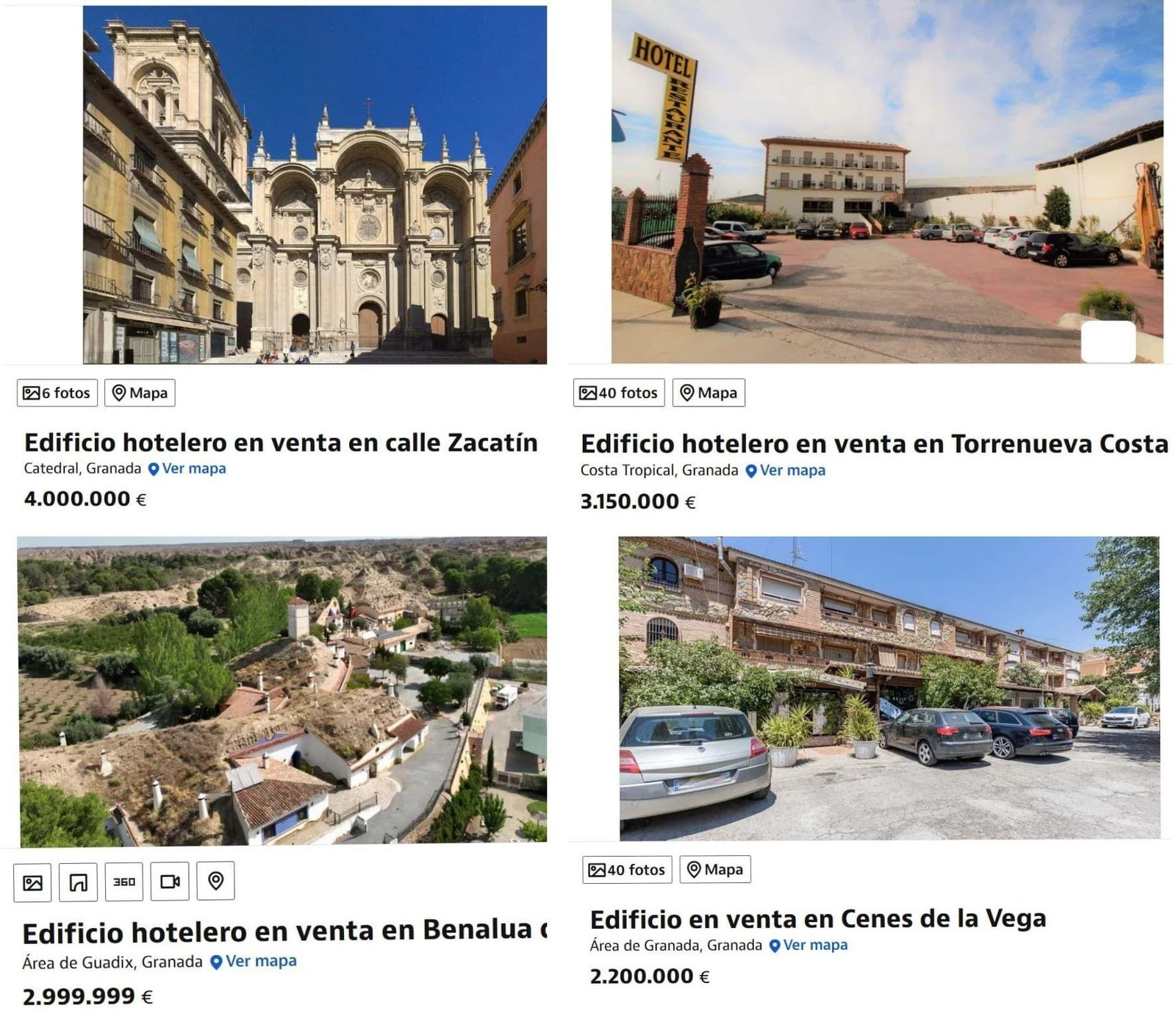Imagen de los anuncios de cuatro hoteles a la venta en Granada