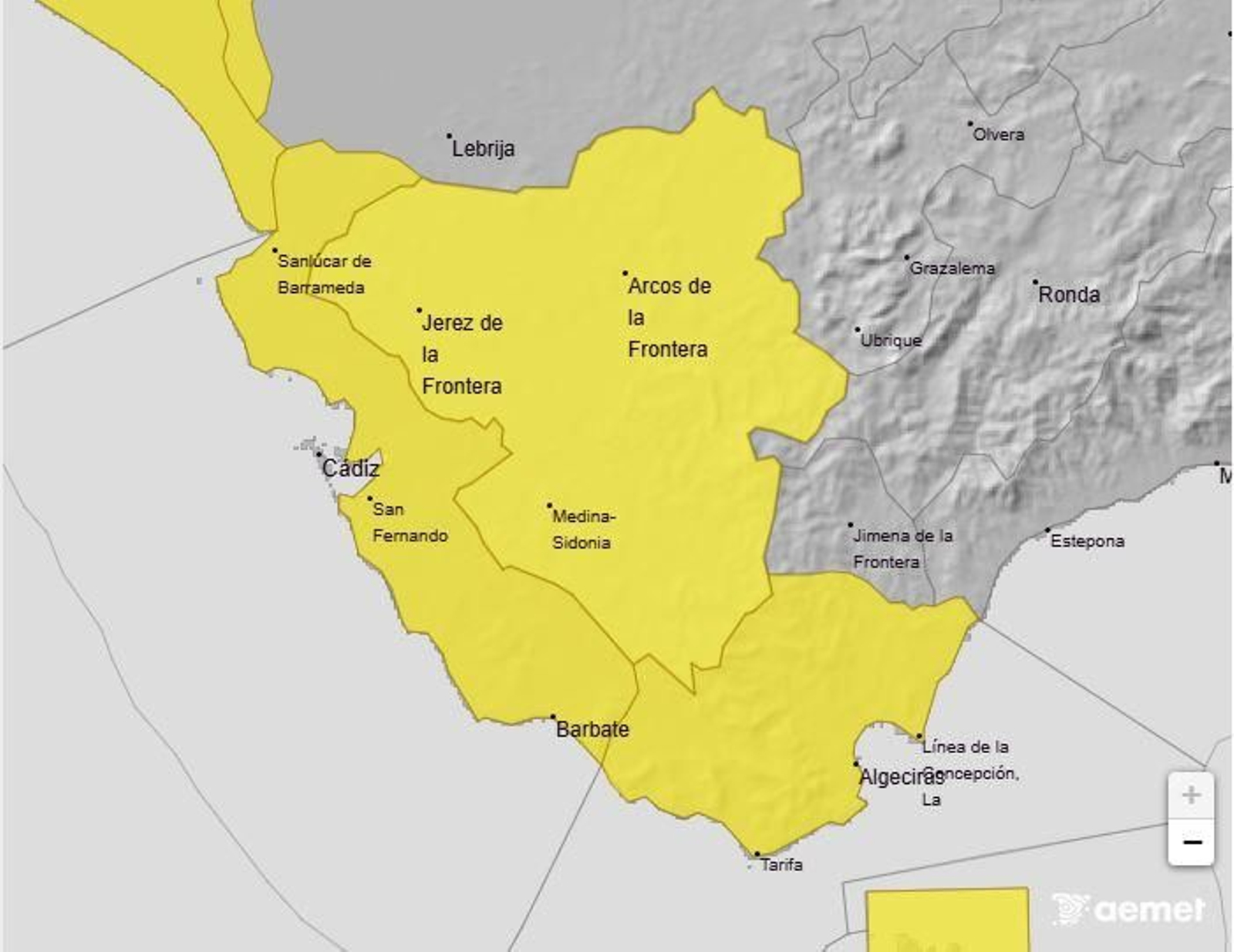 El mapa de la alerta amarilla en la provincia de Cádiz.