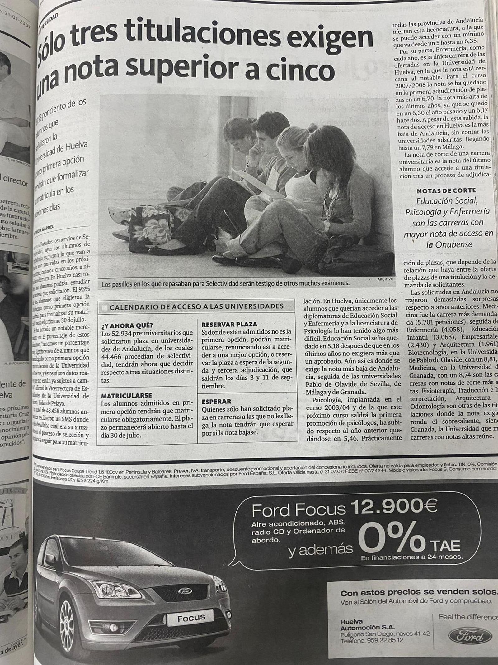 Noticia sobre las notas de corte de la Universidad de Huelva en 2007