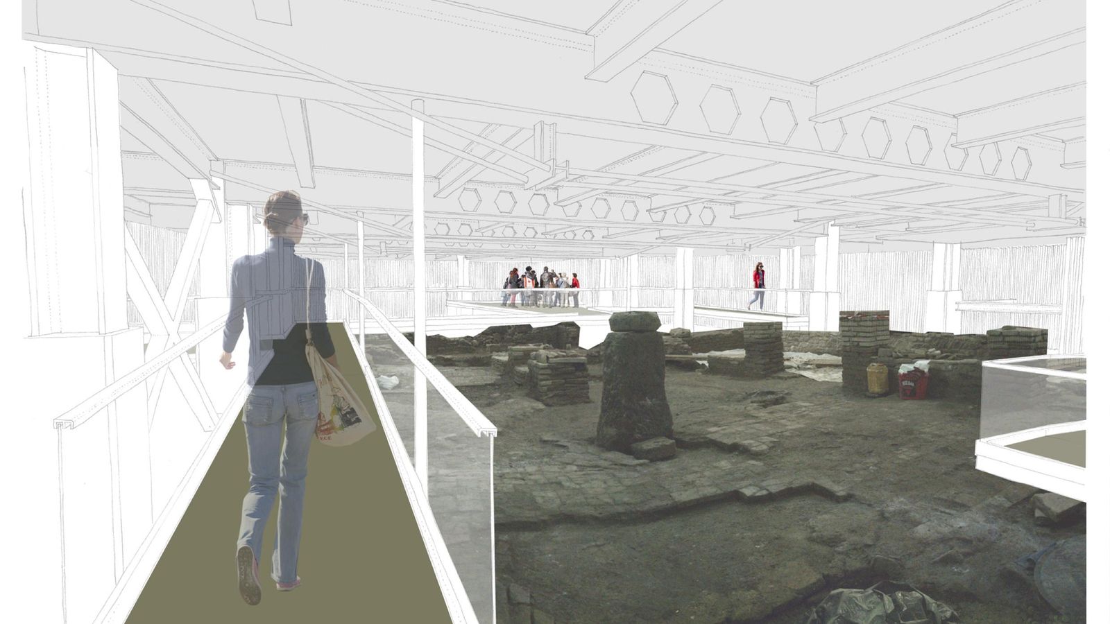 Infografia de las pasarelas peatonales que se instalarán para poder observar los restos.