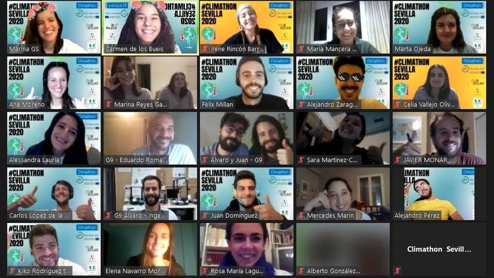 Ganadores y equipo organizador del Climathon Sevilla 2020 - Asociación Filosolar, Amalgama y OK Planet