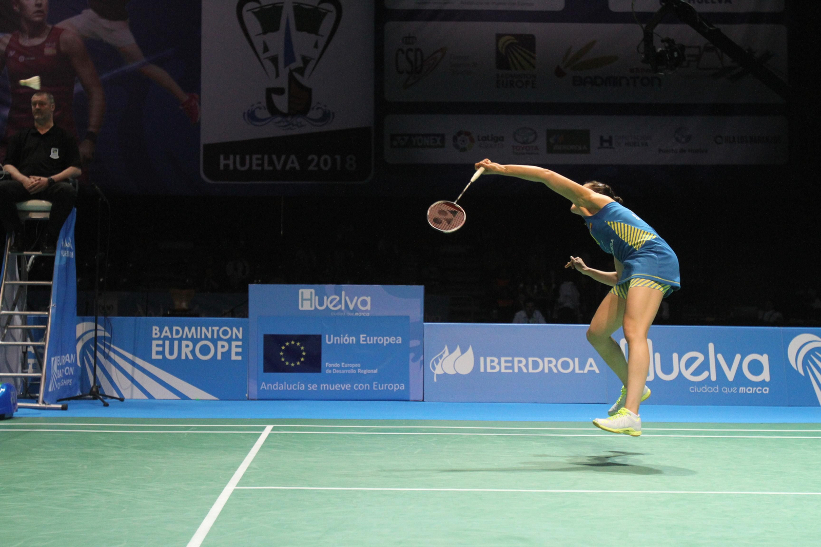 Partido y victoria de Carolina Marín en el Europeo de Bádminton celebrado en Huelva