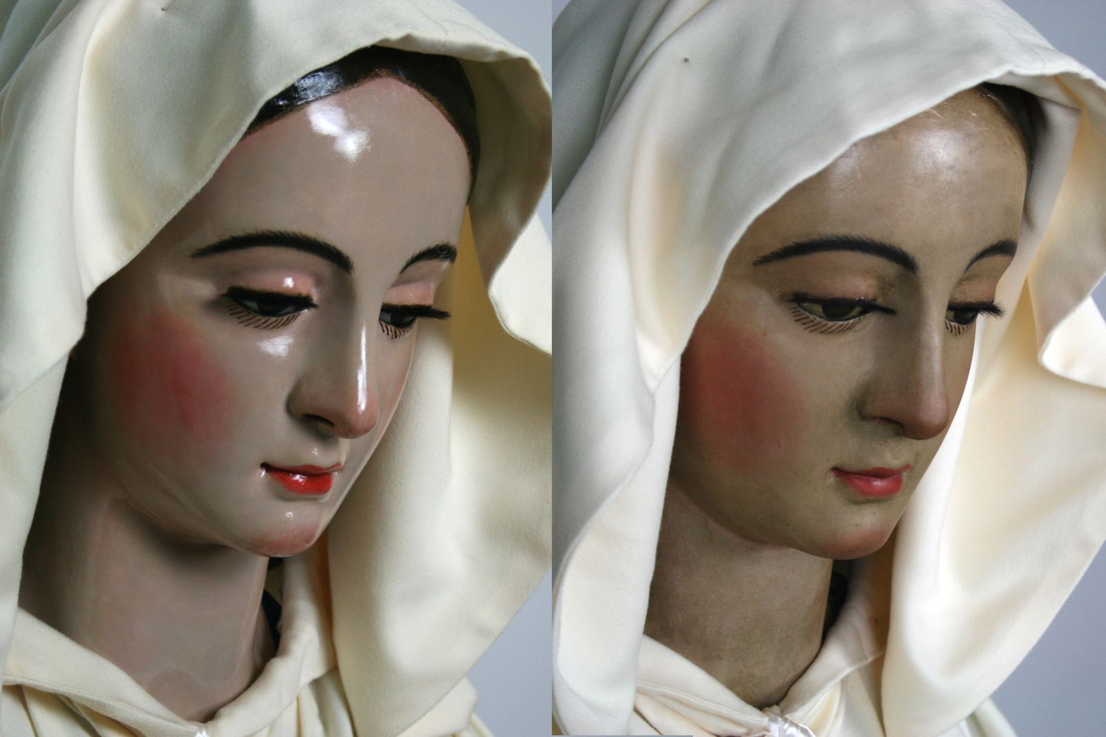 Comparación del después y el antes de la Virgen de la Merced.