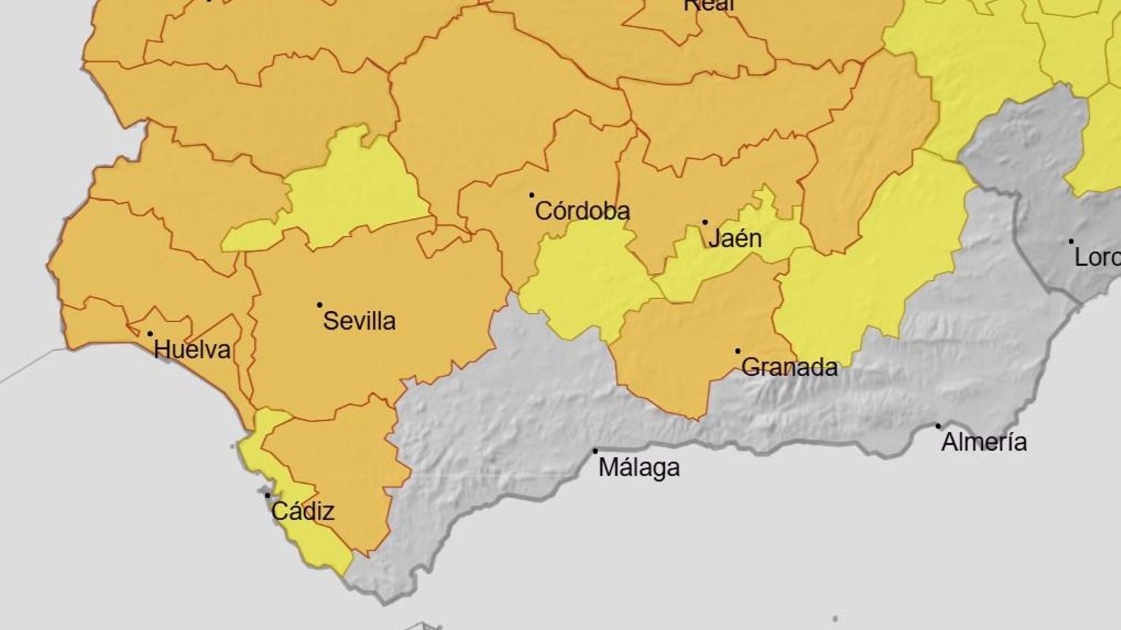Mapa de alertas para este domingo en Andalucía.
