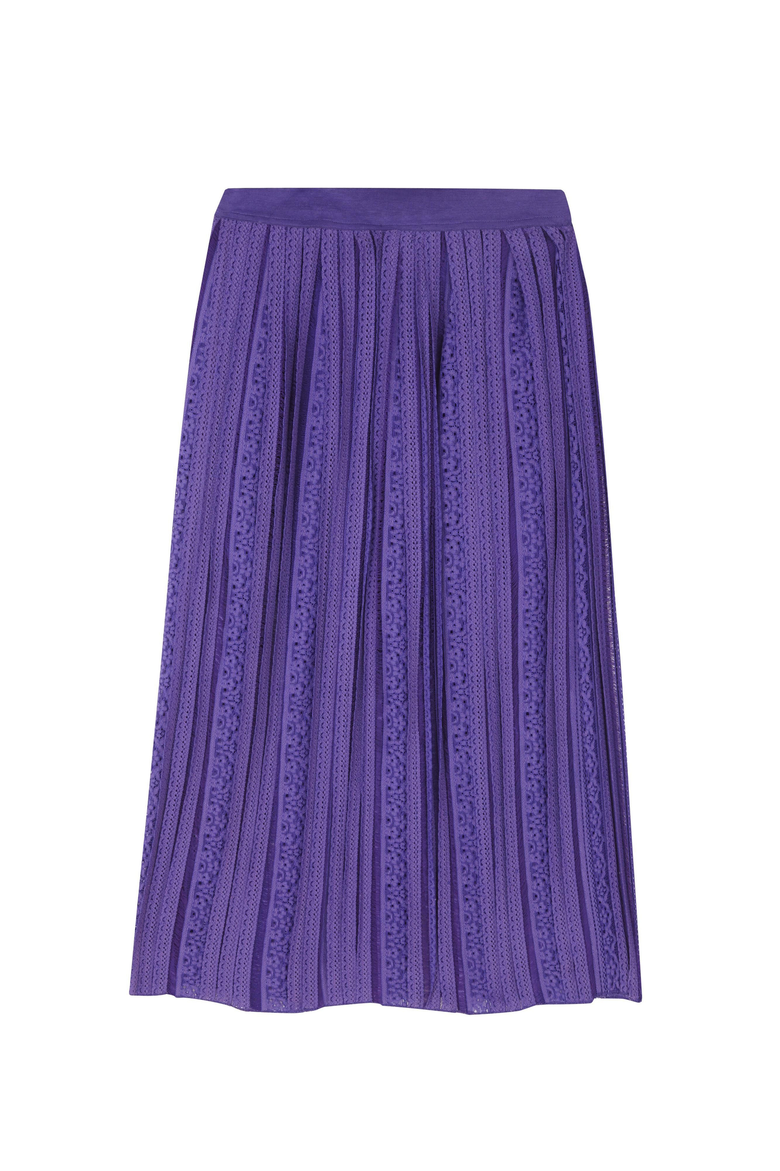 Falda midi plisada de encaje, de Uterqüe.
