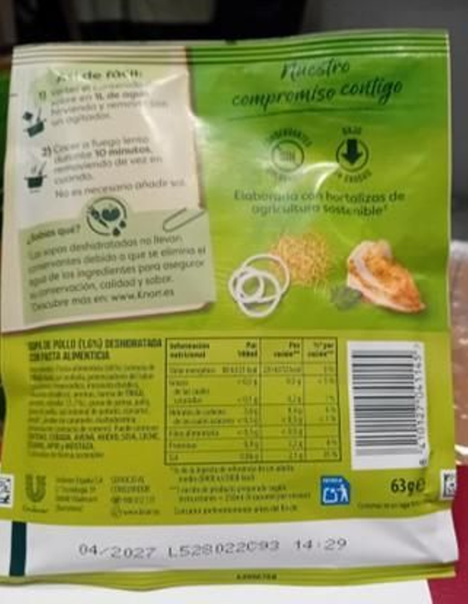 Parte trasera del envase del producto afectado.