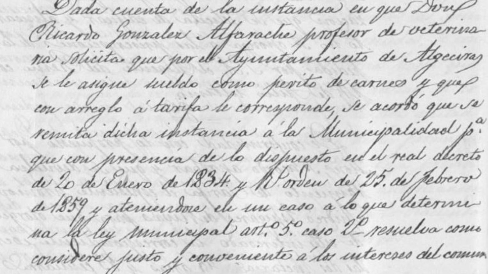 Solicitud al Ayuntamiento de Algeciras de asignación de sueldo como perito de carnes (1870).