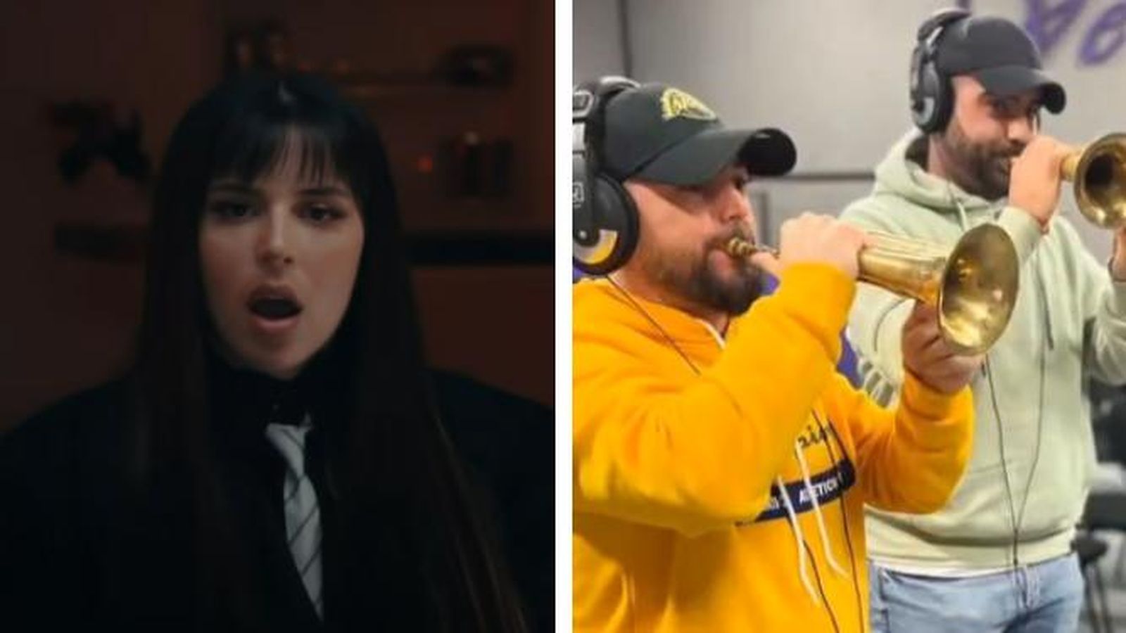 Nathy Peluso en el videoclip de 'Aprender a amar', a la derecha dos músicos de la Banda de Cornetas y Tambores del Santísimo Cristo de la Vera-Cruz