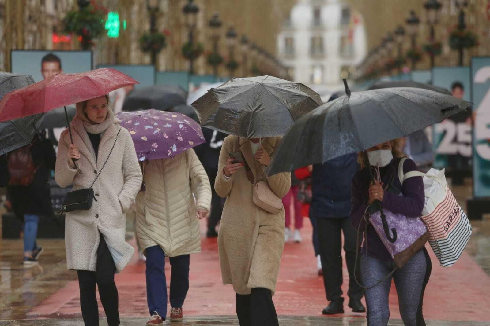 Varias personas se refugian de la lluvia bajo sus paraguas este viernes.