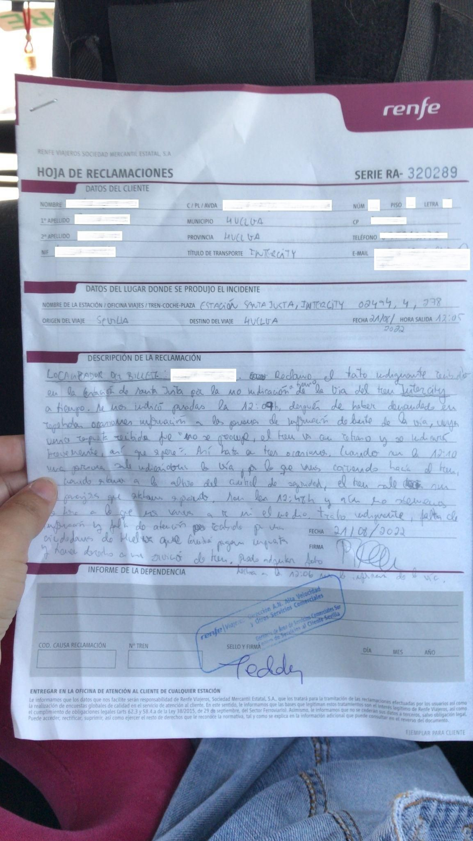 Imagen de una de las reclamaciones interpuestas por el incidente.