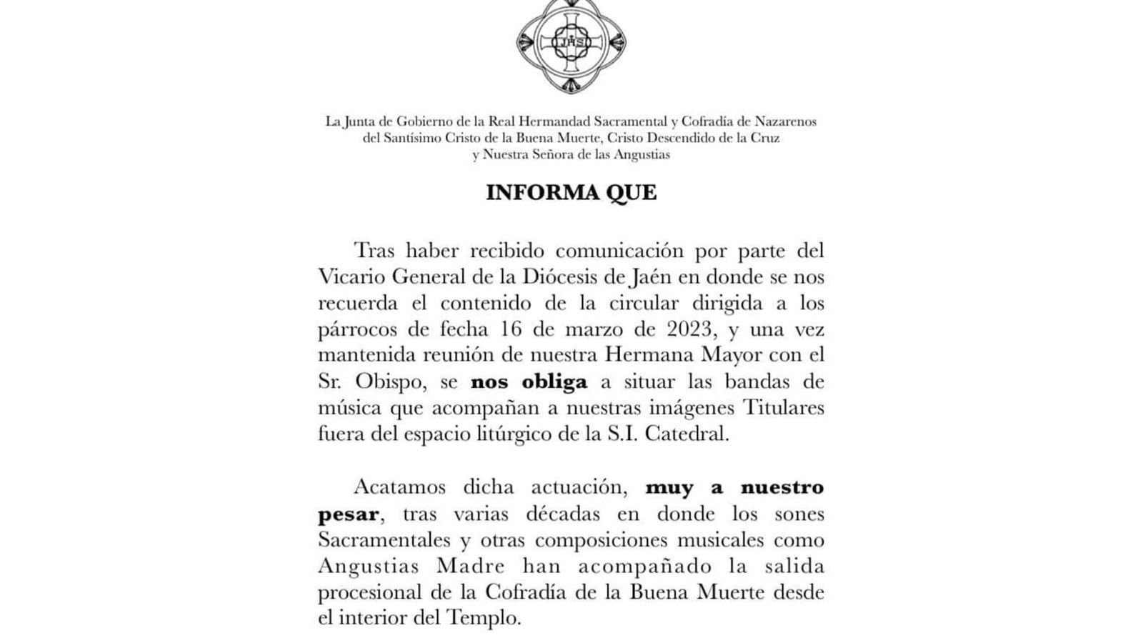 Comunicado de la hermandad y cofradía Nazarenos del Santísimo Cristo de la Buena Muerte y Nuestra Señora de las Angustias.