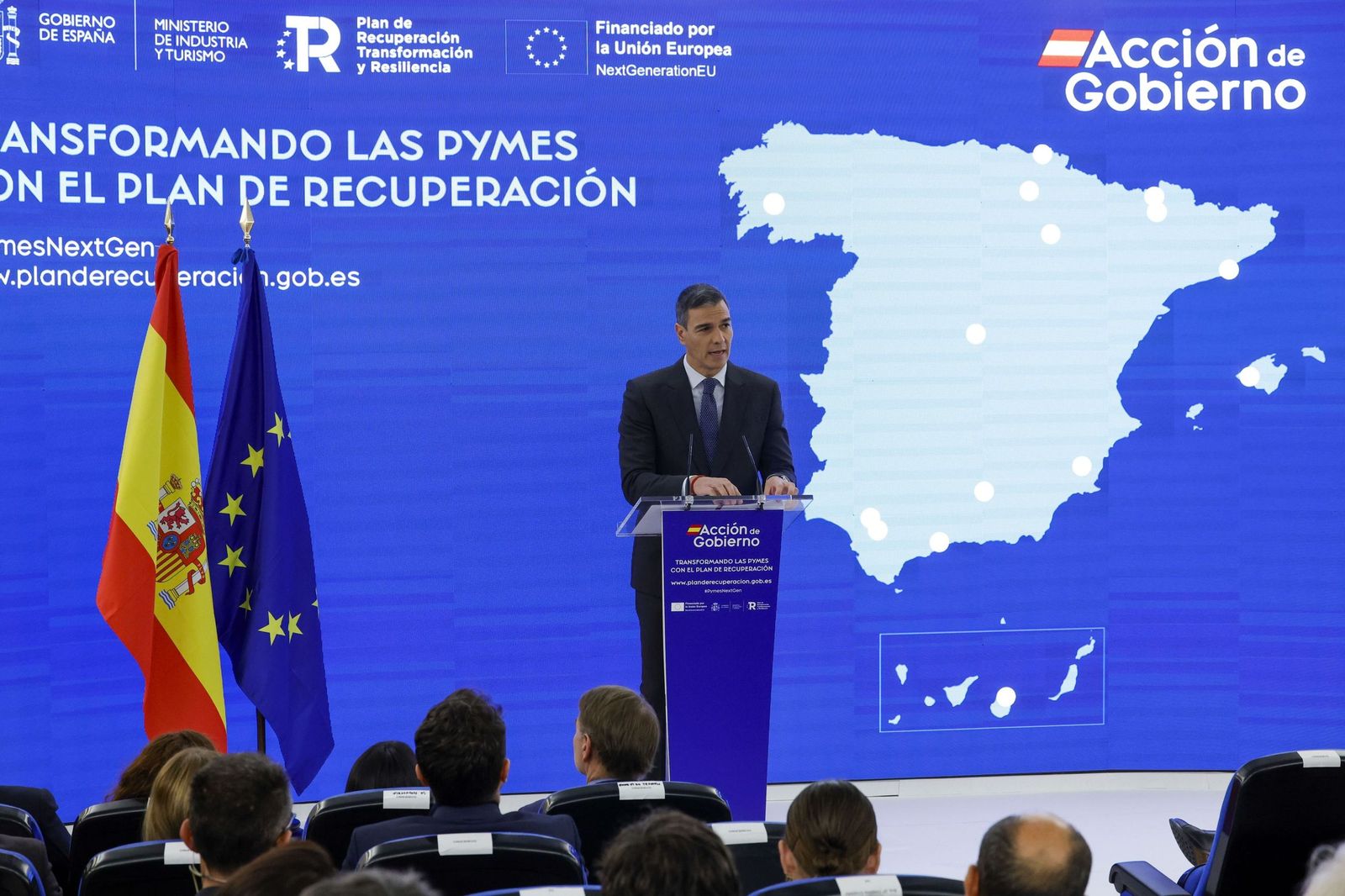 Imagen de un acto del presidente del Gobierno, Pedro Sánchez, sobre los fondos Next Geration UE.