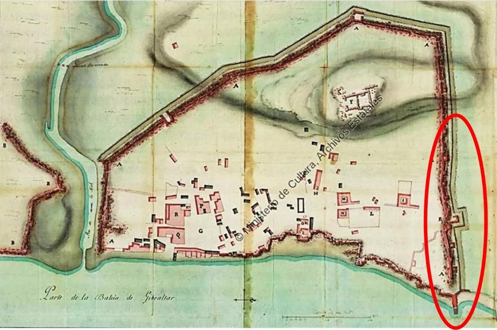 Uno de los planos de la serie de Verboom (s. XVIII), el óvalo marca la zona aquí tratada.