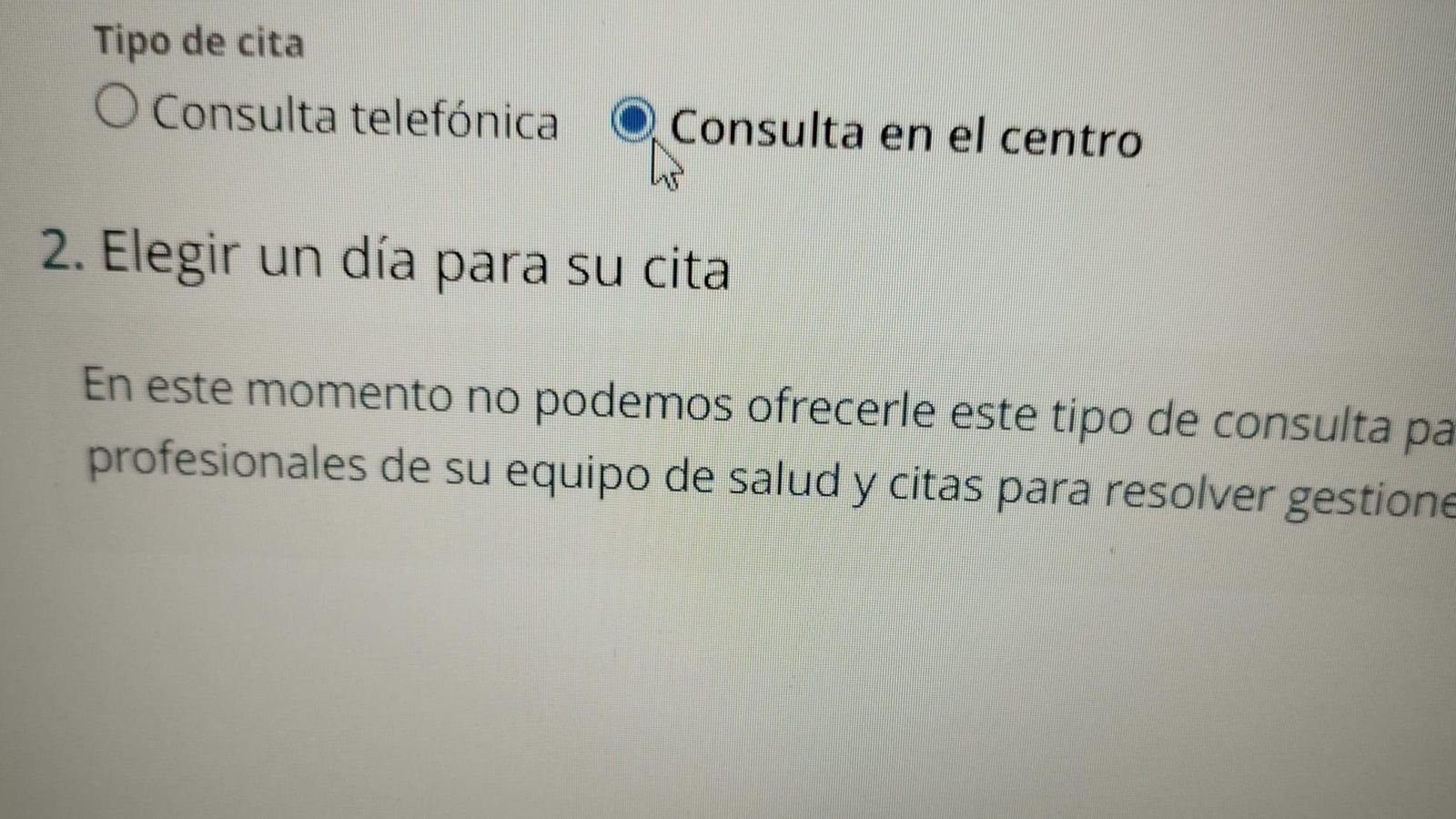 Mensaje que proporcionó la página del SAS cuando una usuaria intentaba pedir cita presencial. Mensaje que proporcionó la página del SAS cuando una usuaria intentaba pedir cita presencial.