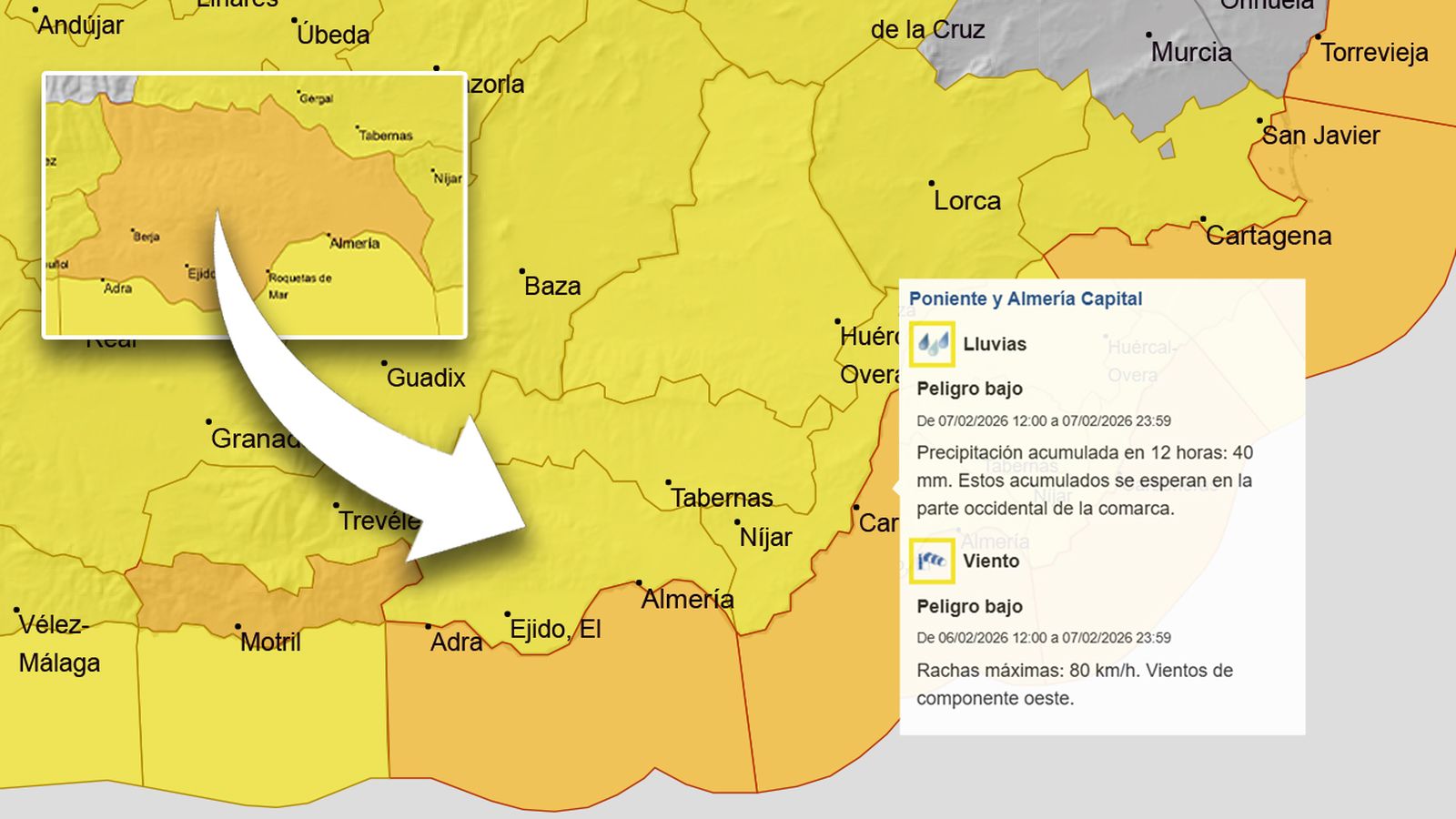 Aemet rebaja la alerta por lluvias para este sábado en Almería y el Poniente.