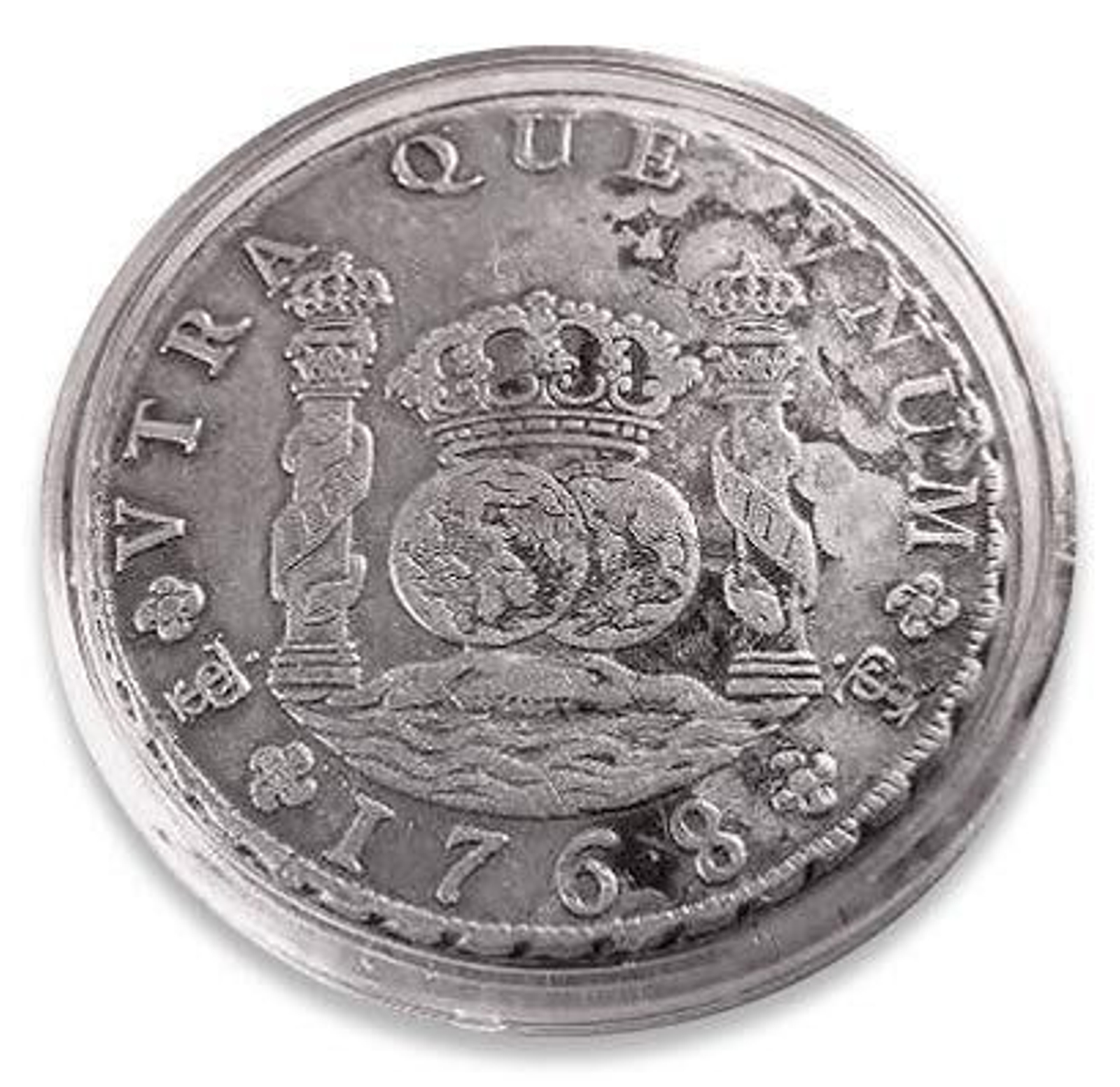 Imagen de una moneda de plata de 1768, el real de la colonia española