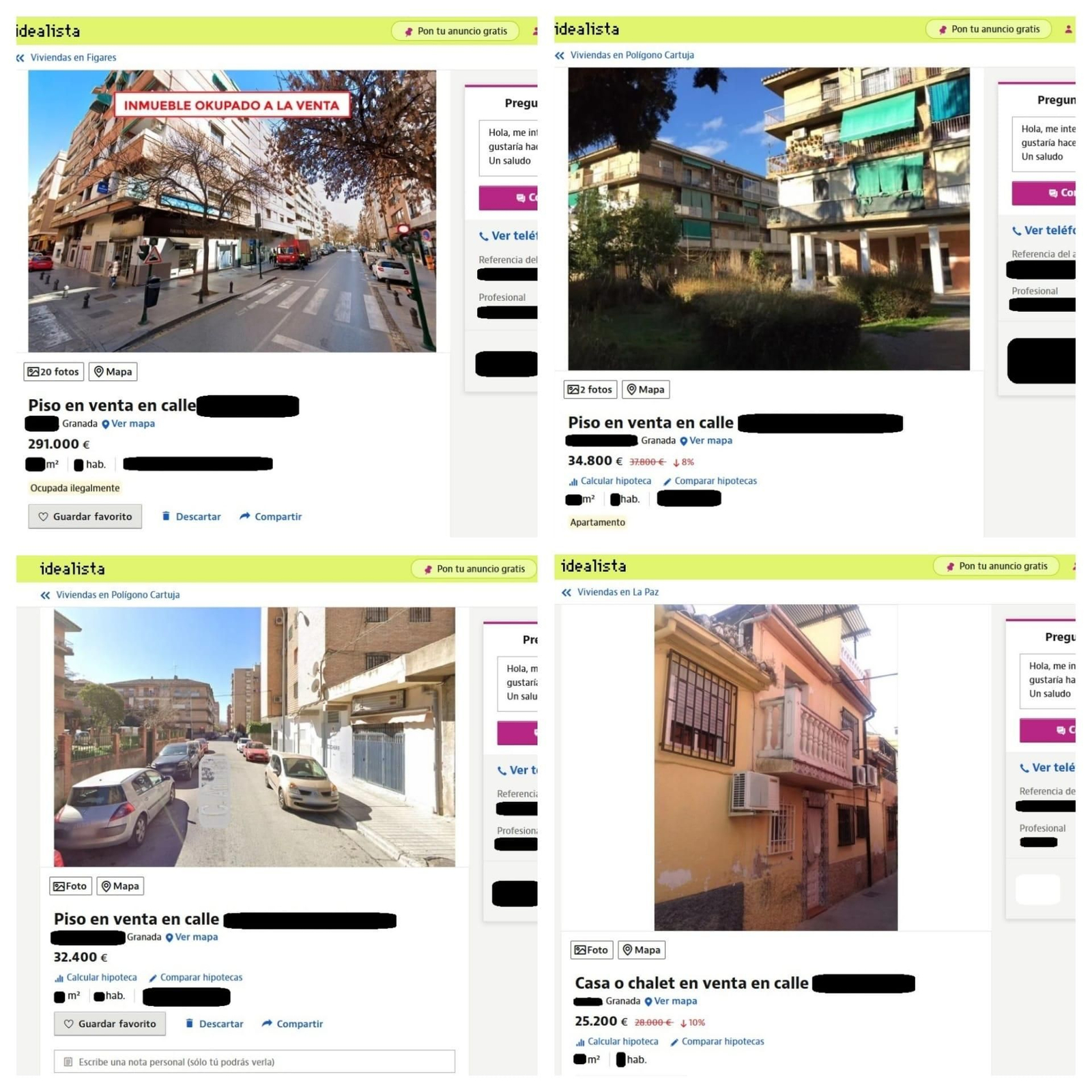 Ejemplos de anuncios de viviendas a la venta con personas okupadas